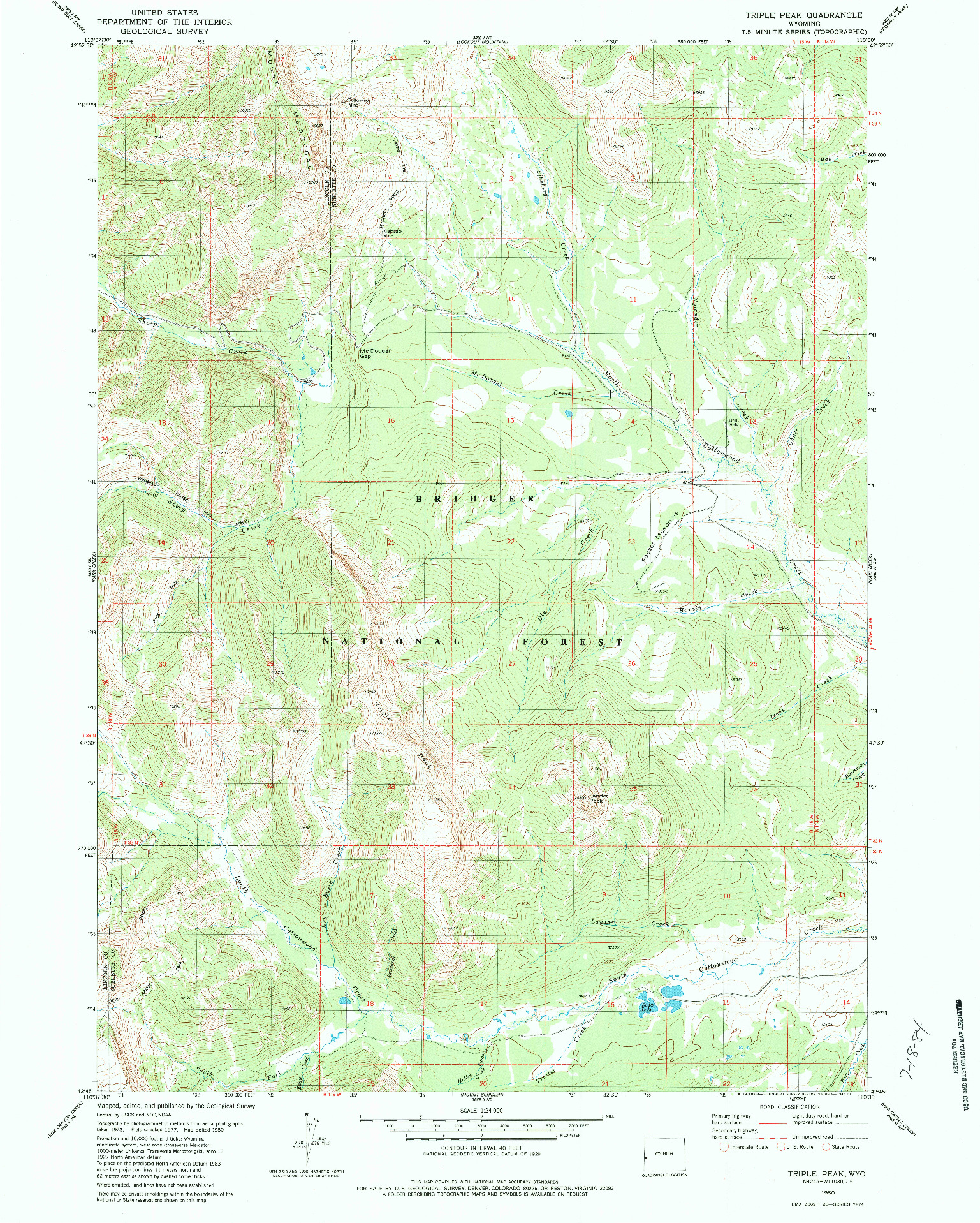 USGS 1:24000-SCALE QUADRANGLE FOR TRIPLE PEAK, WY 1980