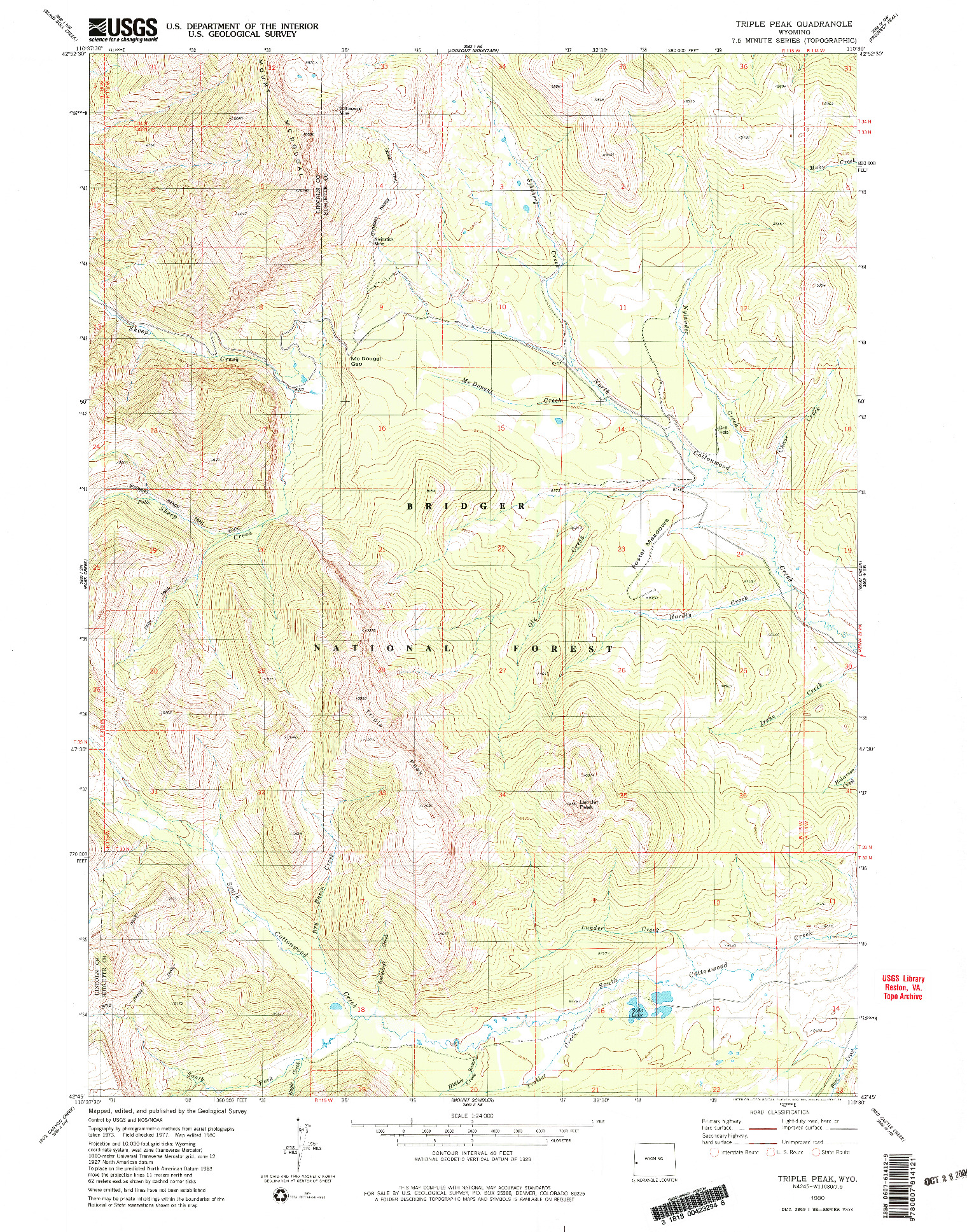USGS 1:24000-SCALE QUADRANGLE FOR TRIPLE PEAK, WY 1980