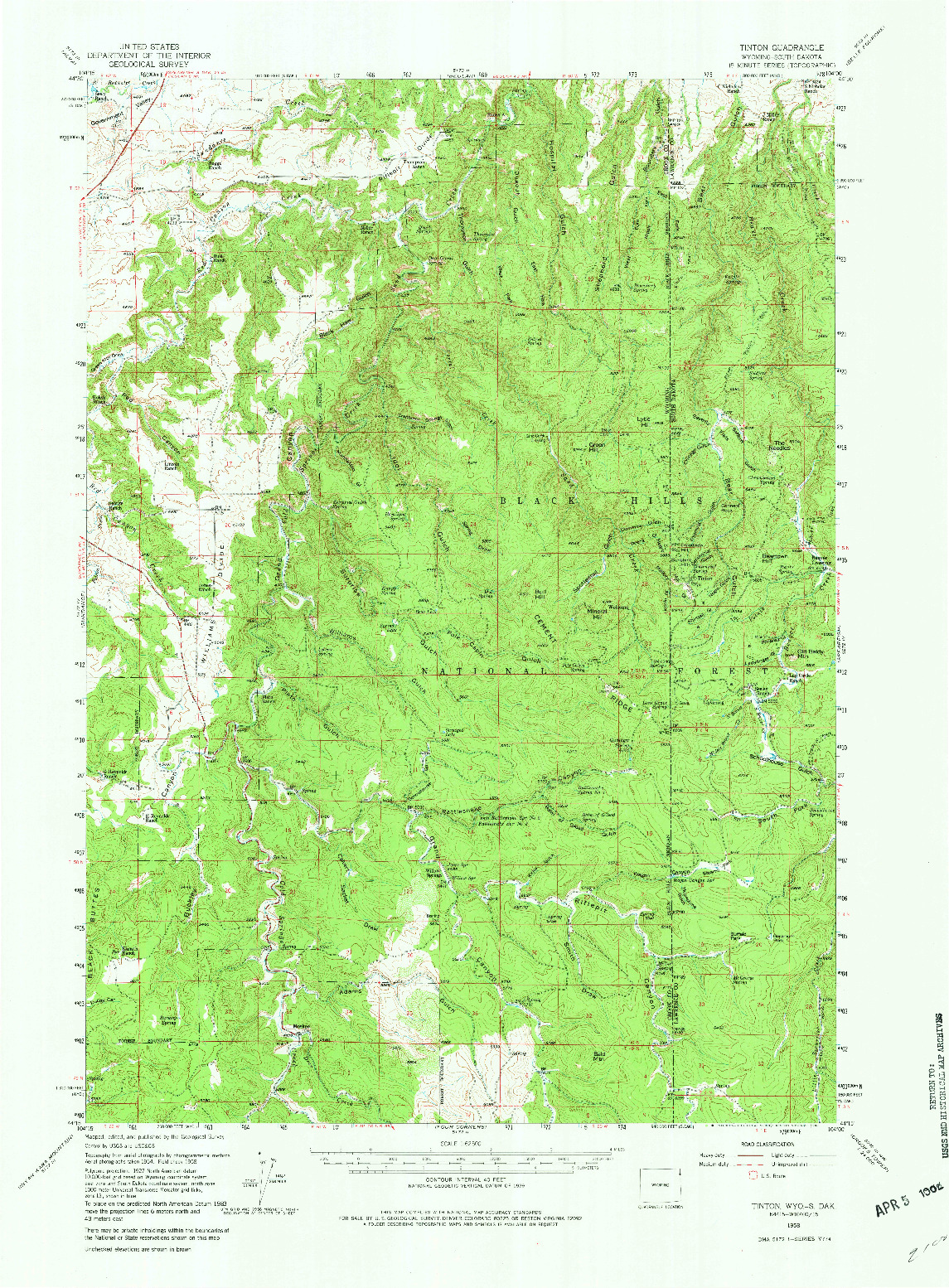 USGS 1:62500-SCALE QUADRANGLE FOR TINTON, WY 1958