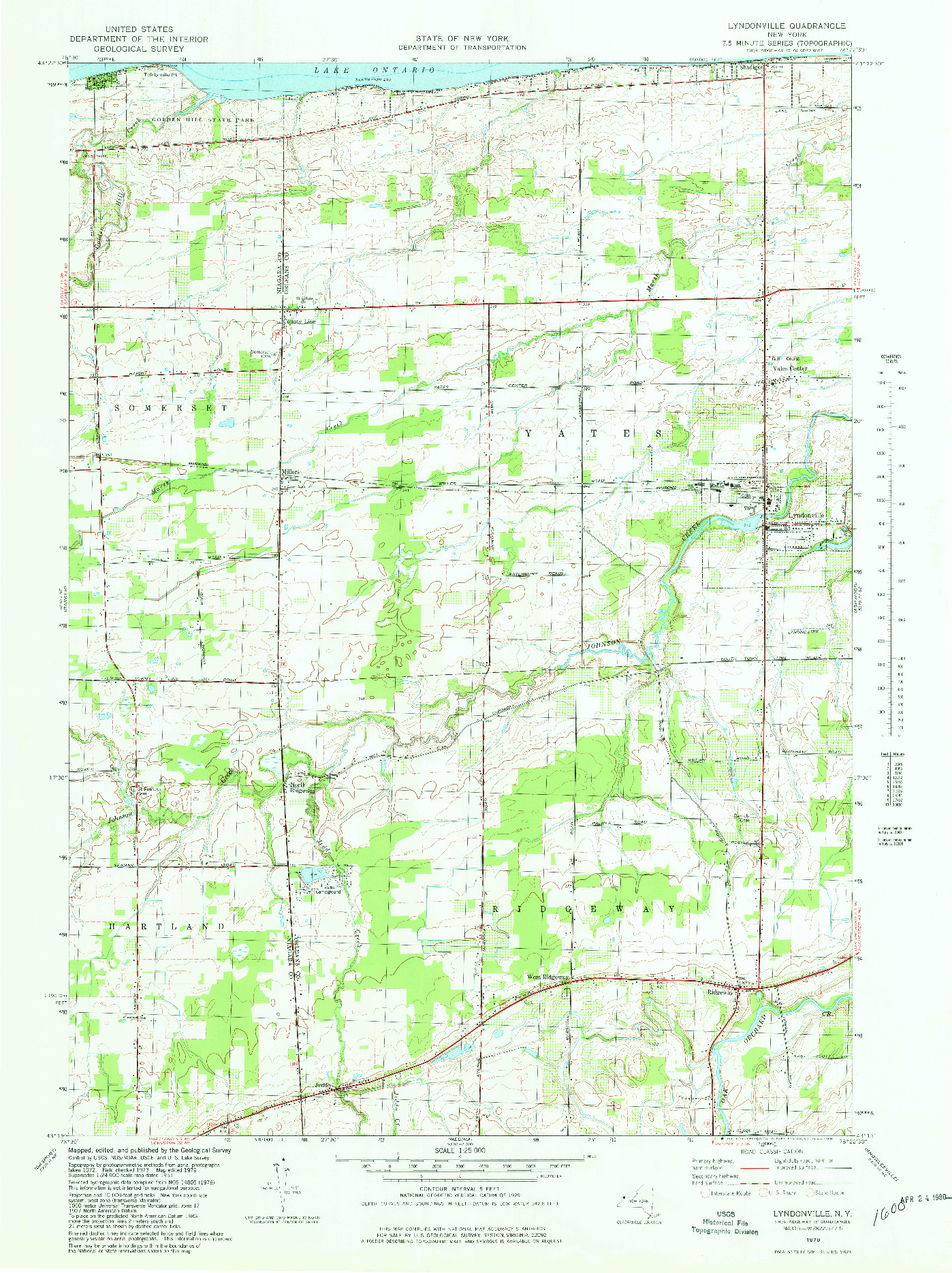 USGS 1:25000-SCALE QUADRANGLE FOR LYNDONVILLE, NY 1979