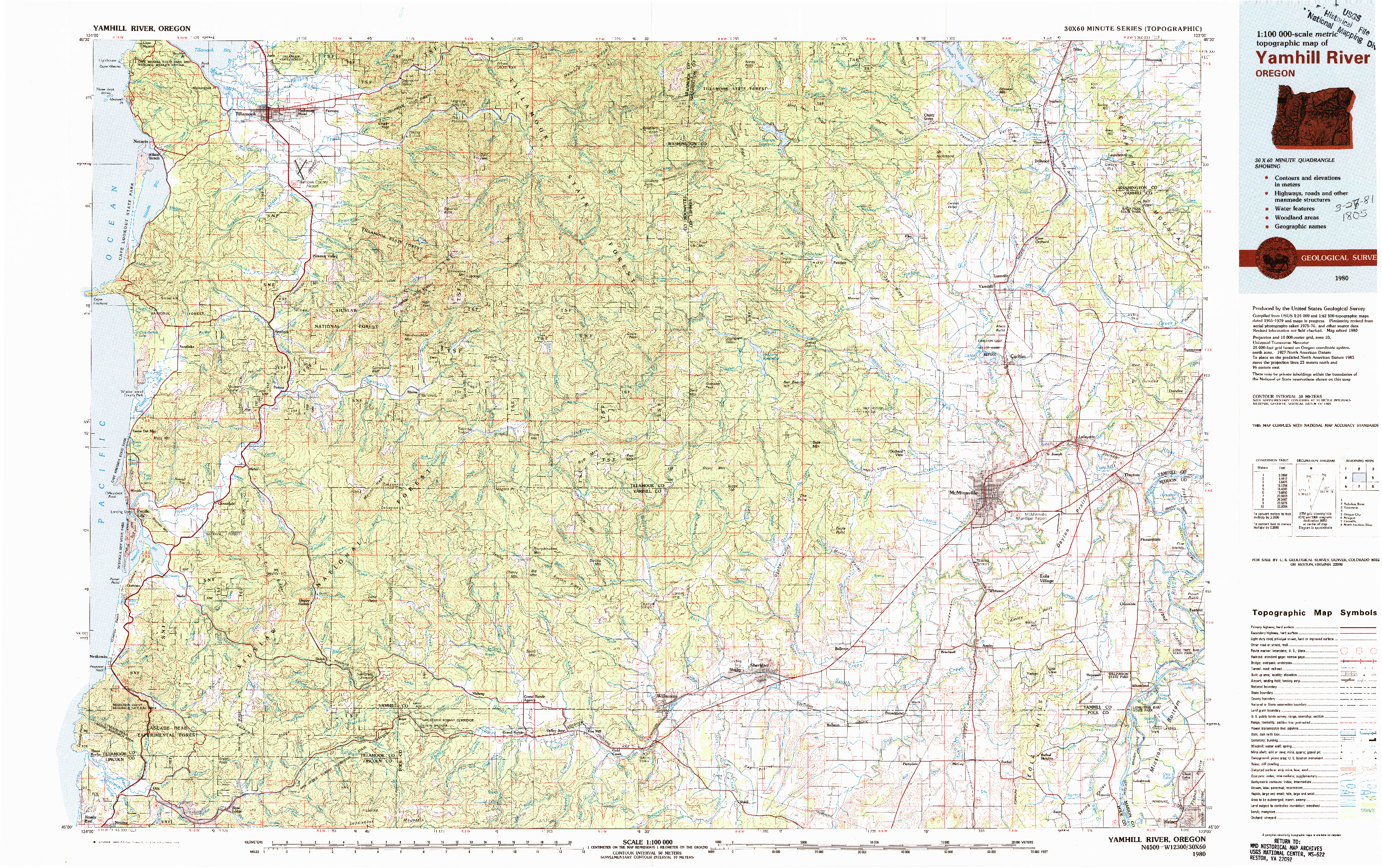 USGS 1:100000-SCALE QUADRANGLE FOR YAMHILL RIVER, OR 1980