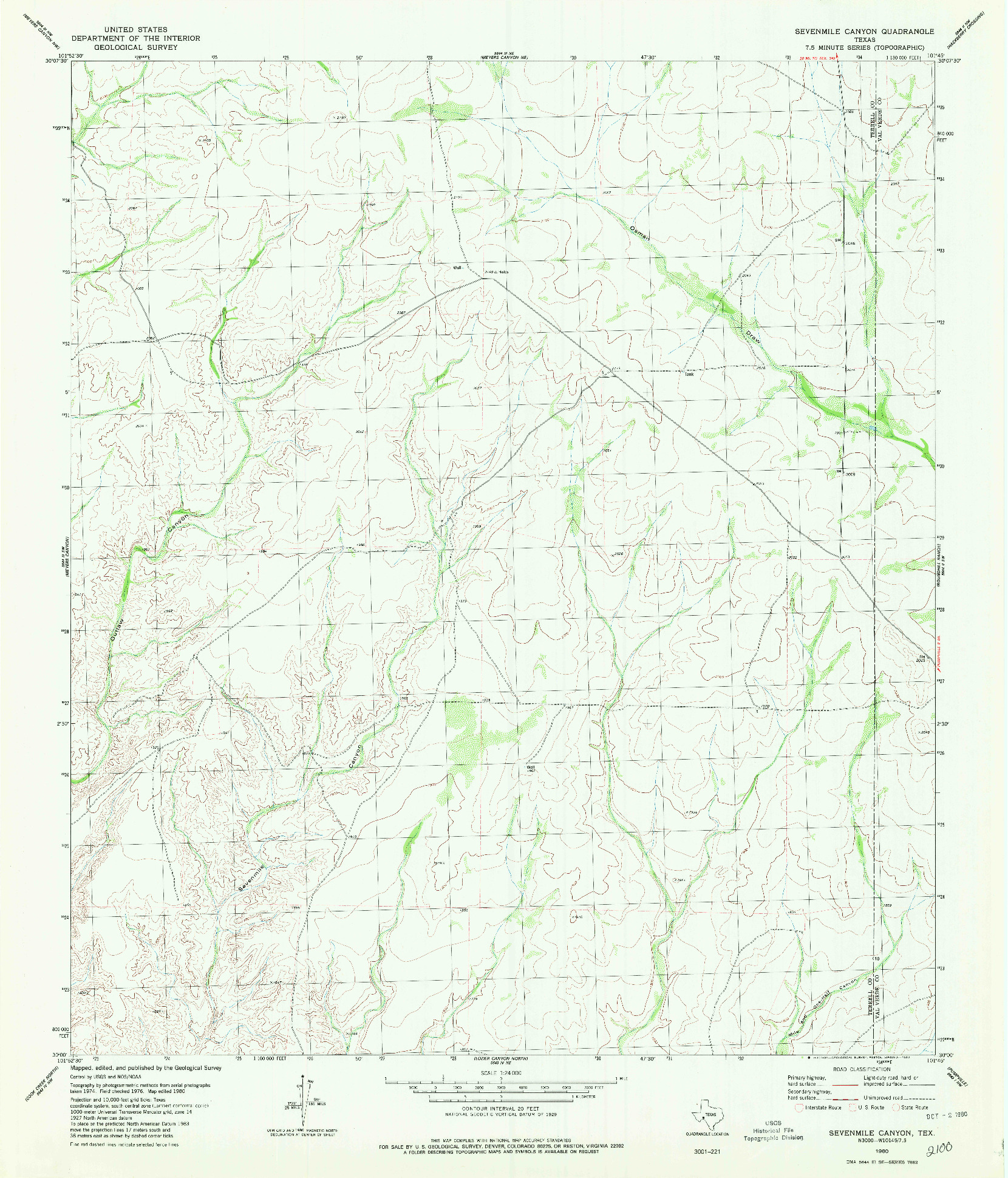 USGS 1:24000-SCALE QUADRANGLE FOR SEVENMILE CANYON, TX 1980