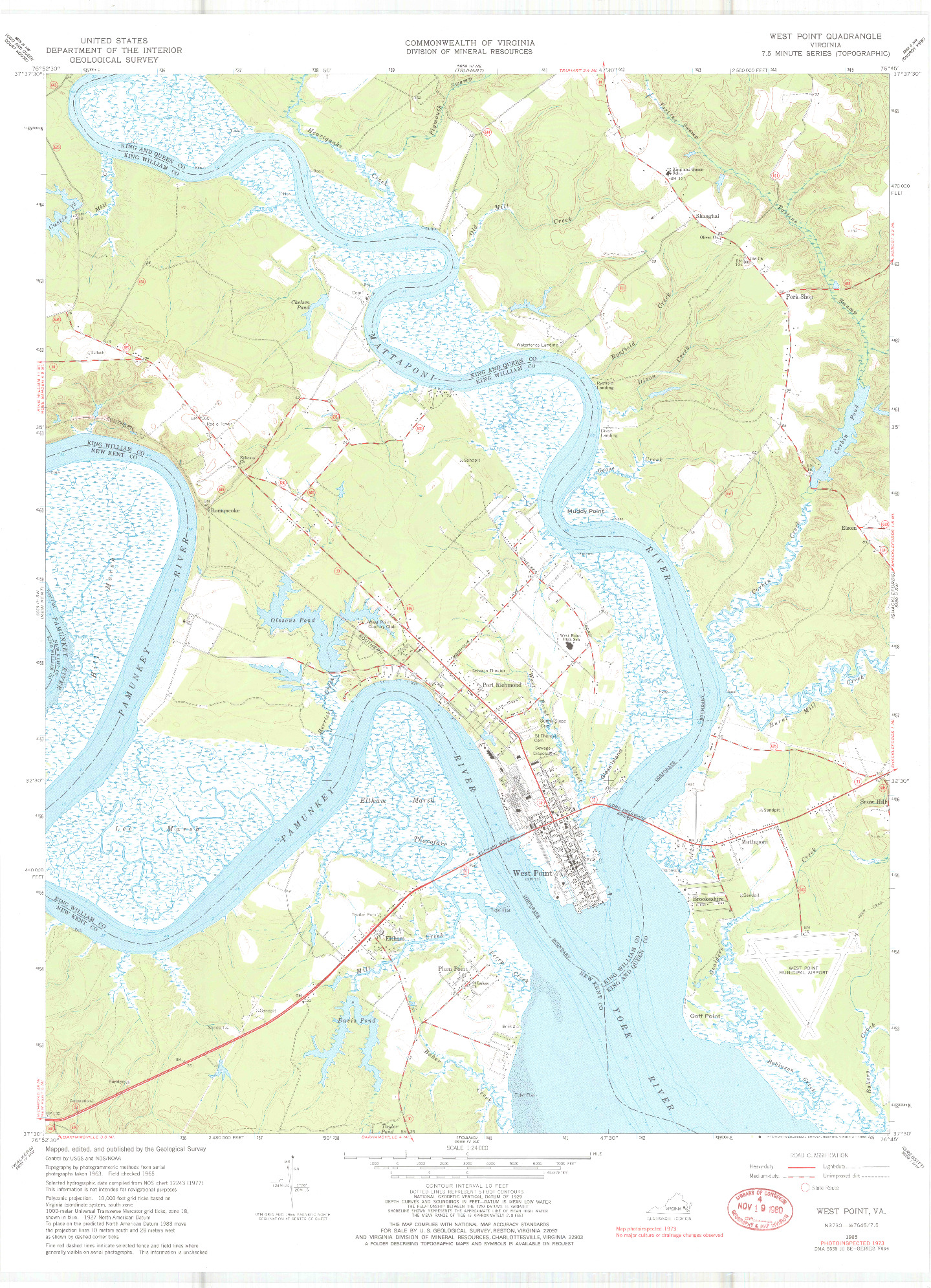 USGS 1:24000-SCALE QUADRANGLE FOR WEST POINT, VA 1965