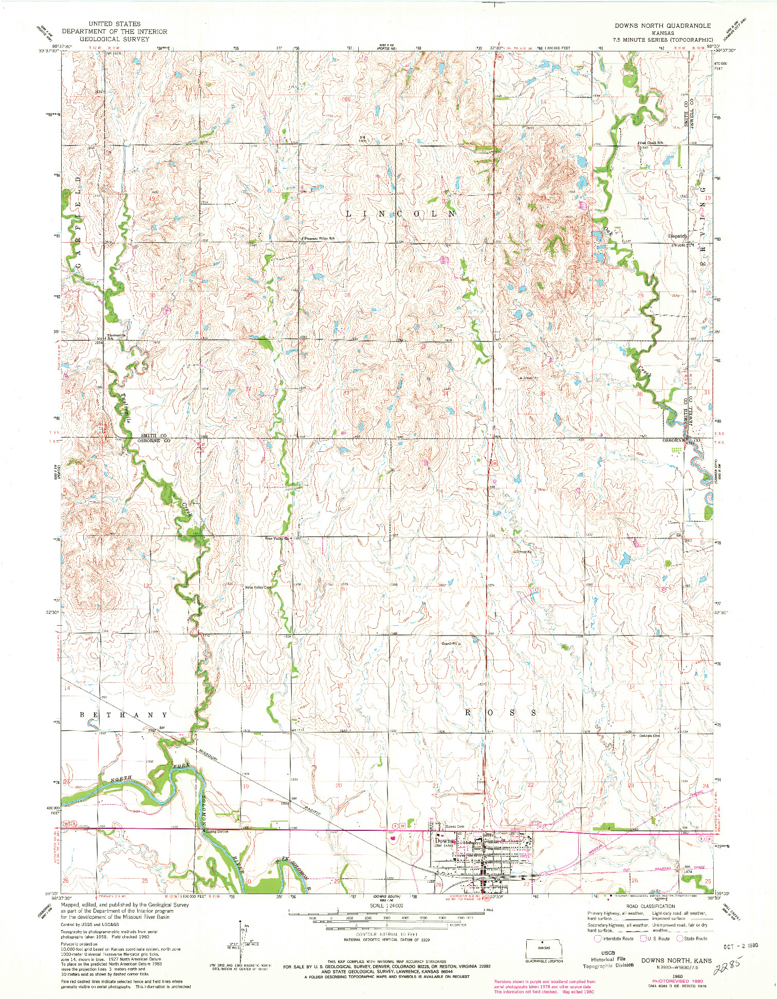 USGS 1:24000-SCALE QUADRANGLE FOR DOWNS NORTH, KS 1960