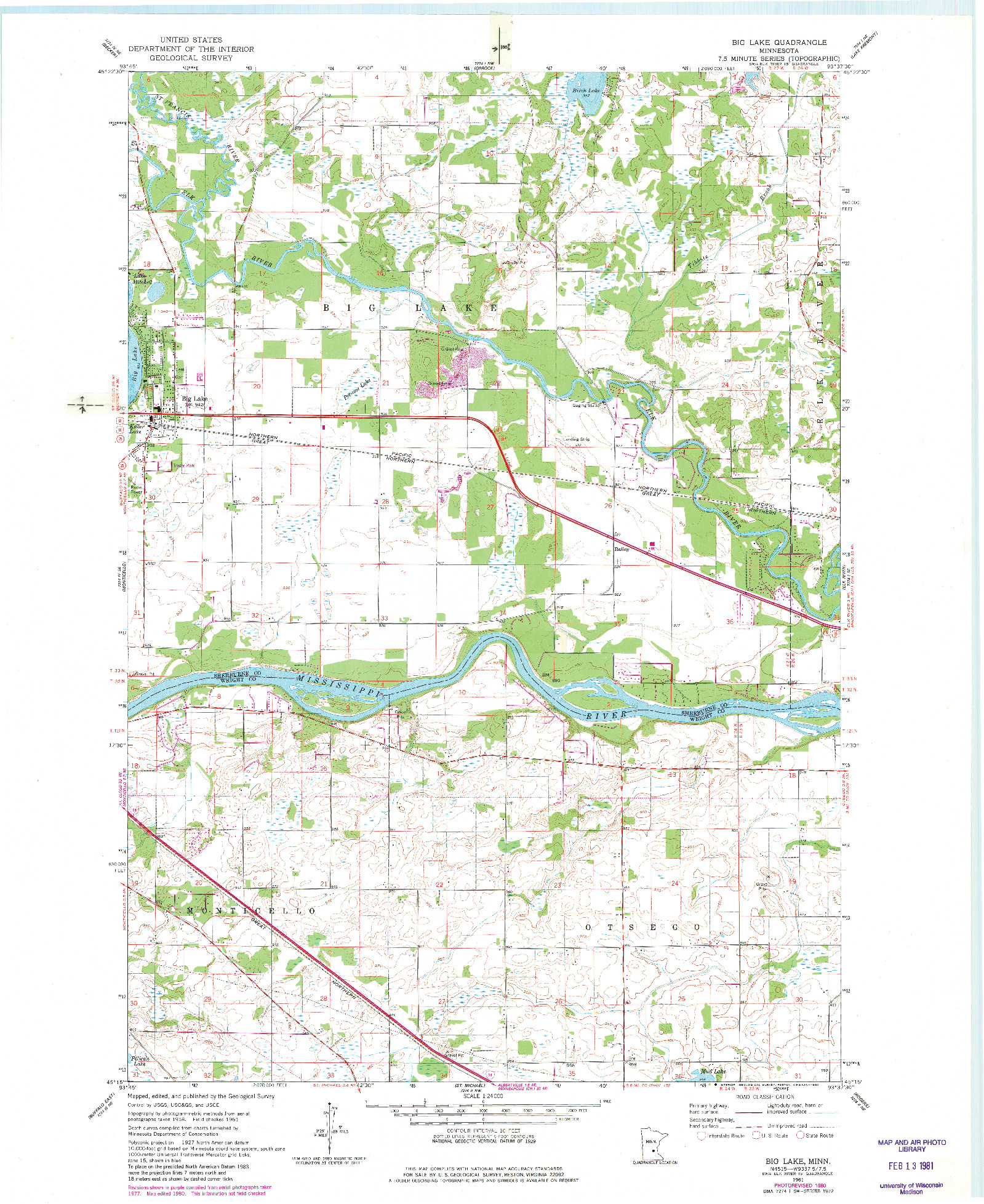 USGS 1:24000-SCALE QUADRANGLE FOR BIG LAKE, MN 1961