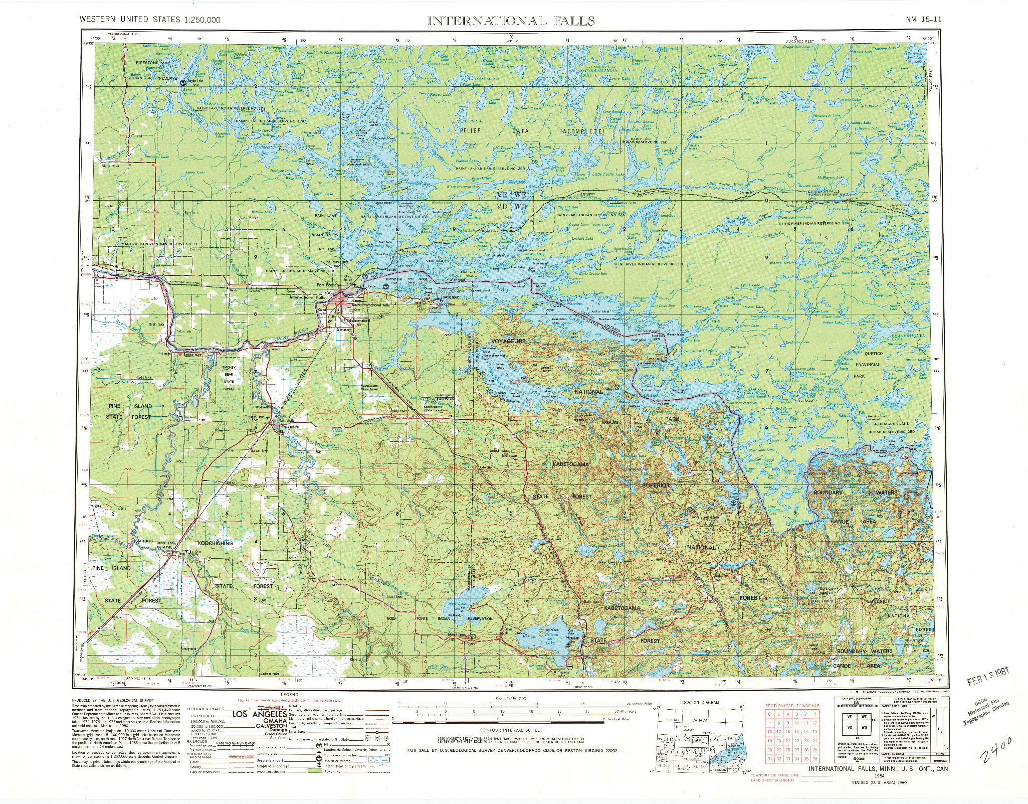 USGS 1:250000-SCALE QUADRANGLE FOR INTERNATIONAL FALLS, MN 1954