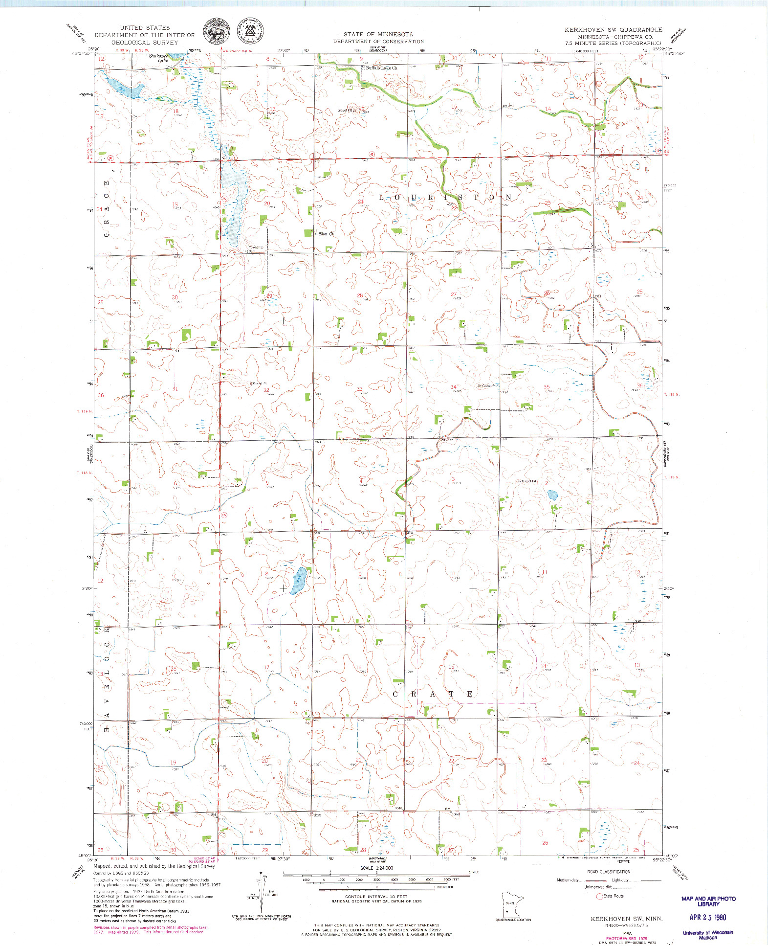 USGS 1:24000-SCALE QUADRANGLE FOR KERKHOVEN SW, MN 1958