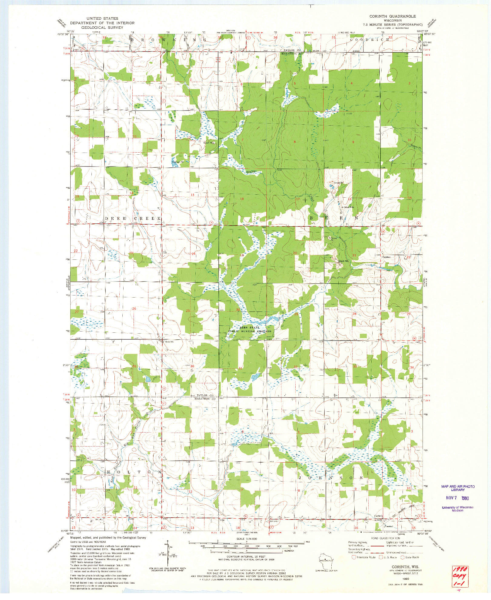 USGS 1:24000-SCALE QUADRANGLE FOR CORINTH, WI 1980