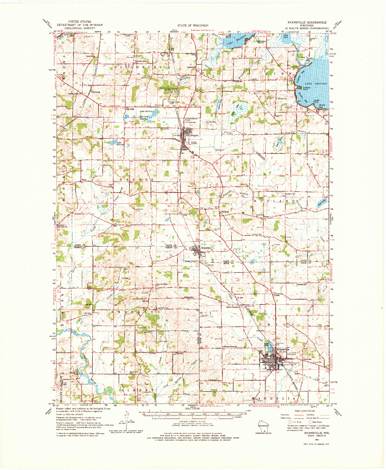 USGS 1:62500-SCALE QUADRANGLE FOR EVANSVILLE, WI 1961