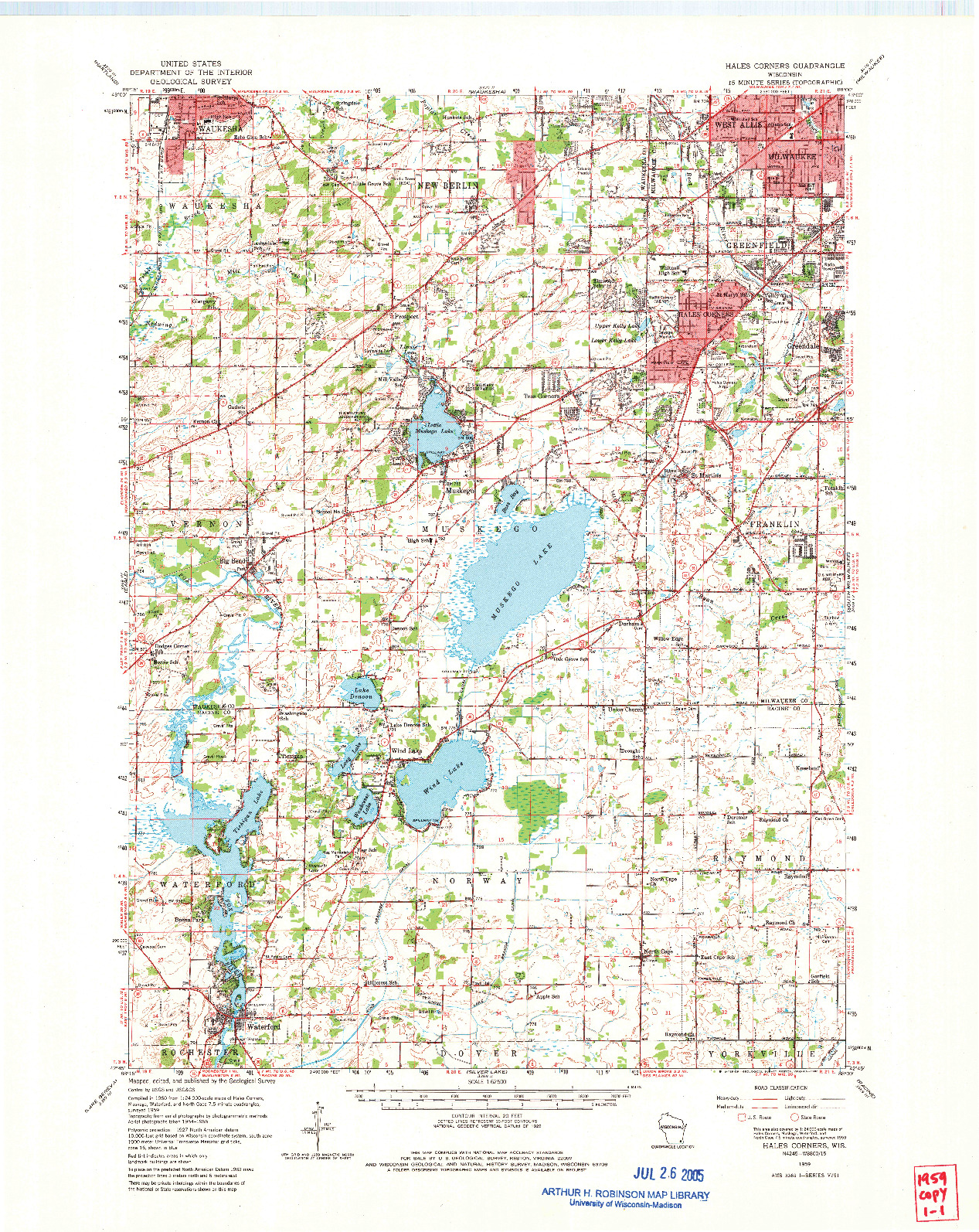 USGS 1:62500-SCALE QUADRANGLE FOR HALES CORNERS, WI 1959