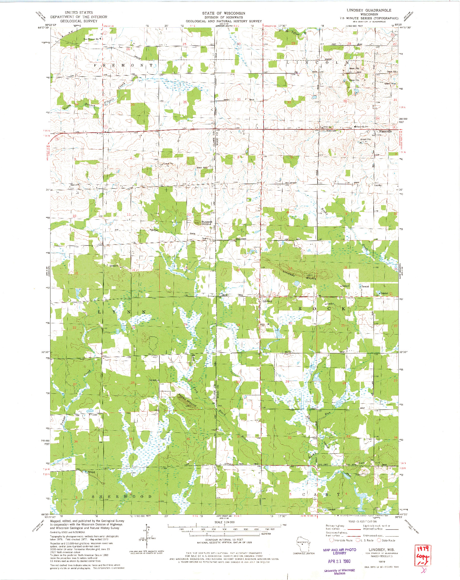 USGS 1:24000-SCALE QUADRANGLE FOR LINDSEY, WI 1979