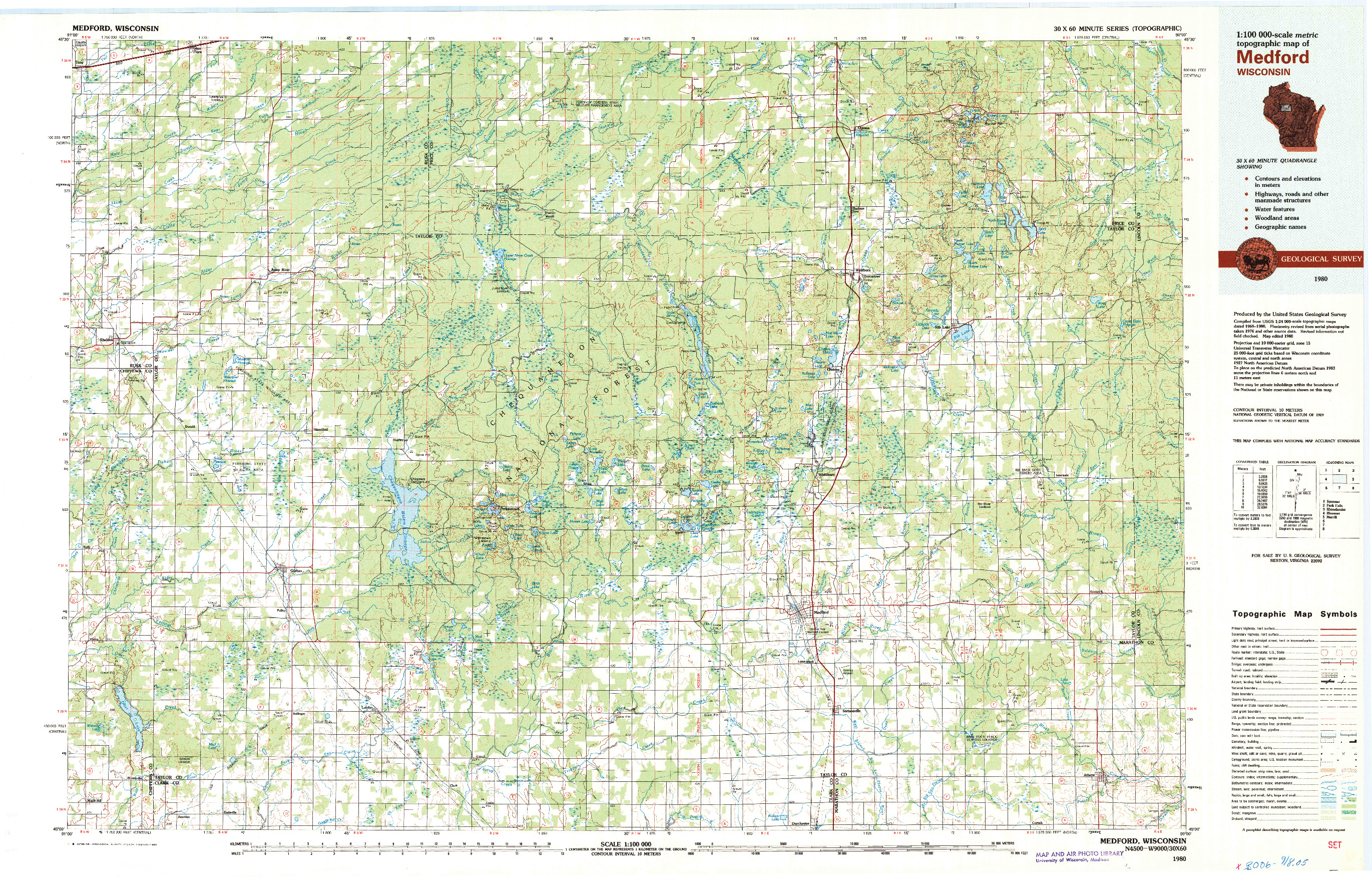 USGS 1:100000-SCALE QUADRANGLE FOR MEDFORD, WI 1980