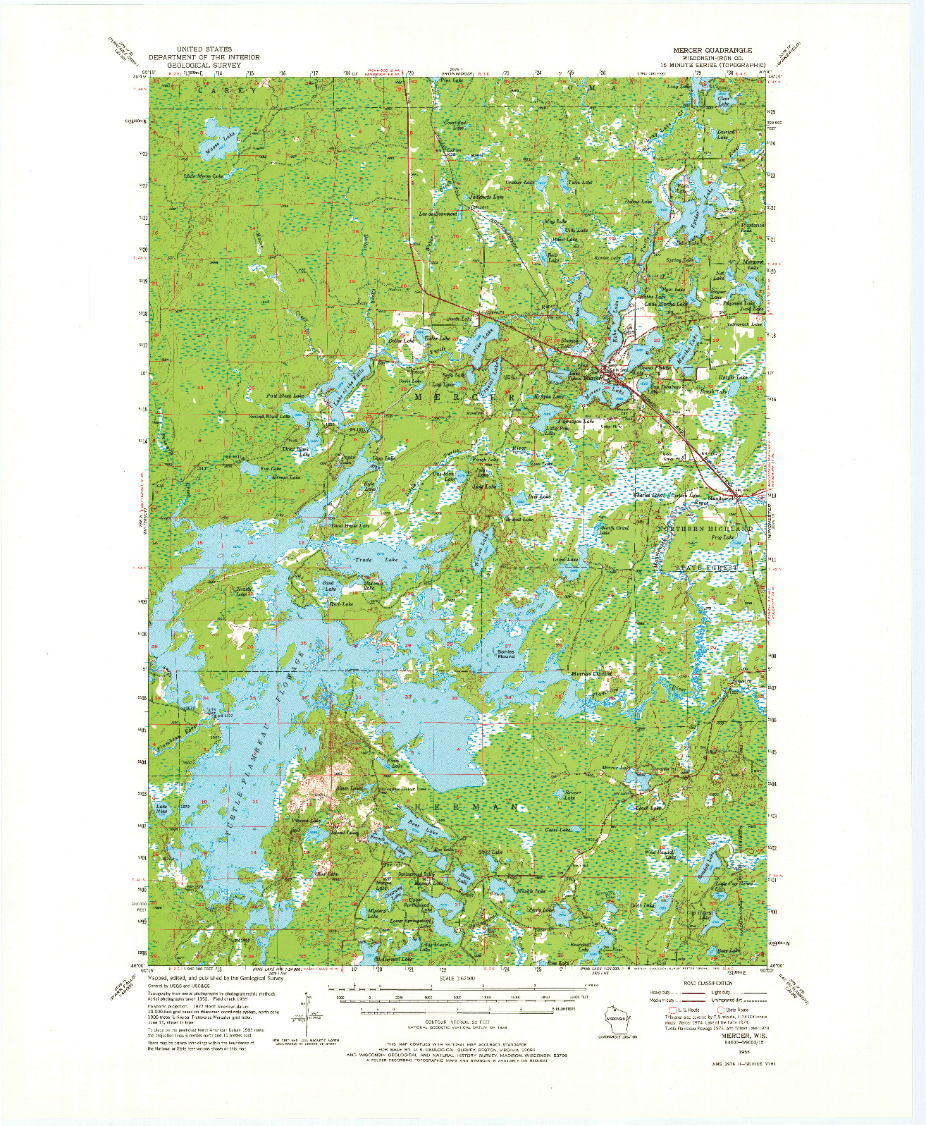 USGS 1:62500-SCALE QUADRANGLE FOR MERCER, WI 1955