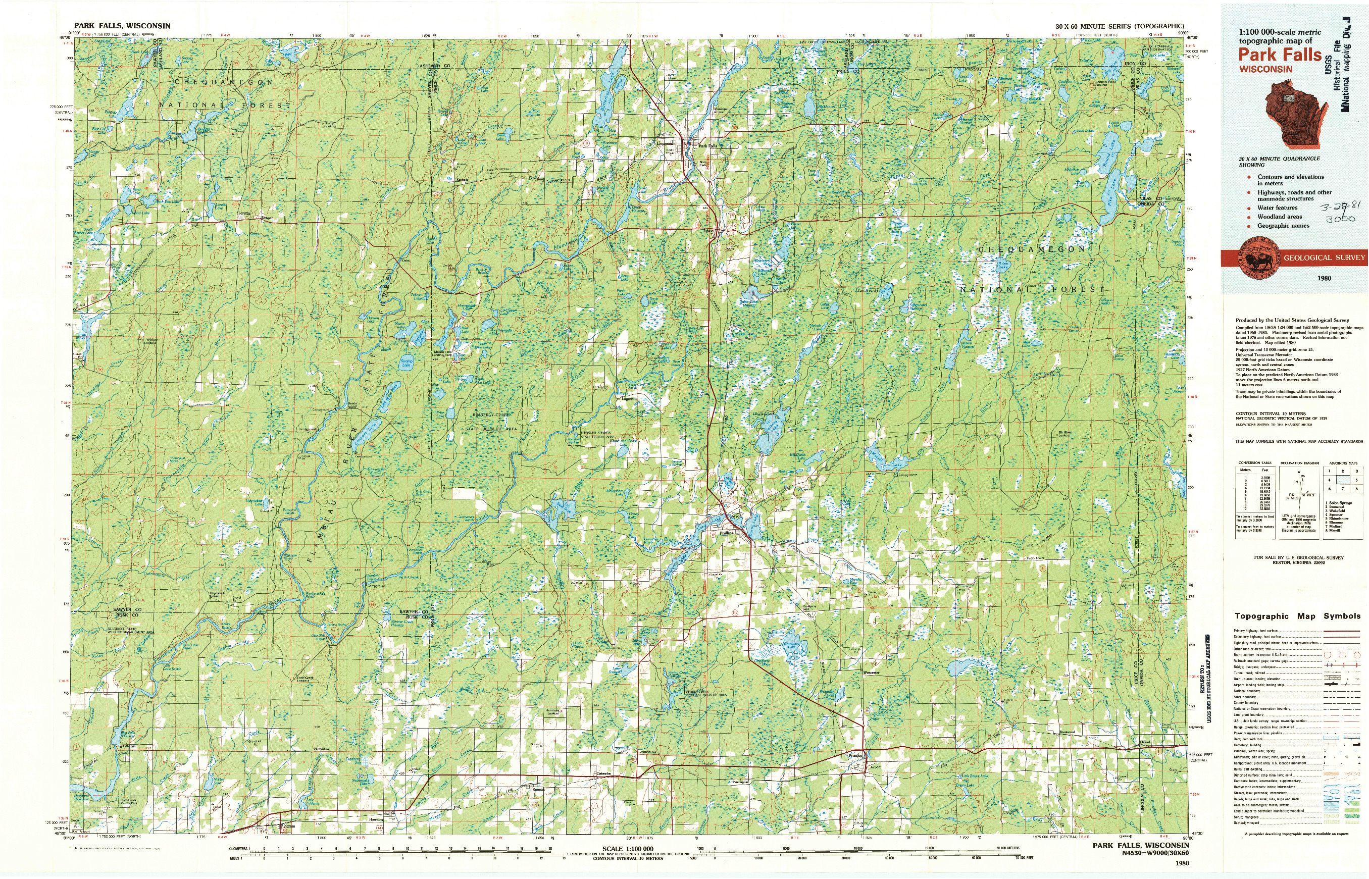 USGS 1:100000-SCALE QUADRANGLE FOR PARK FALLS, WI 1980
