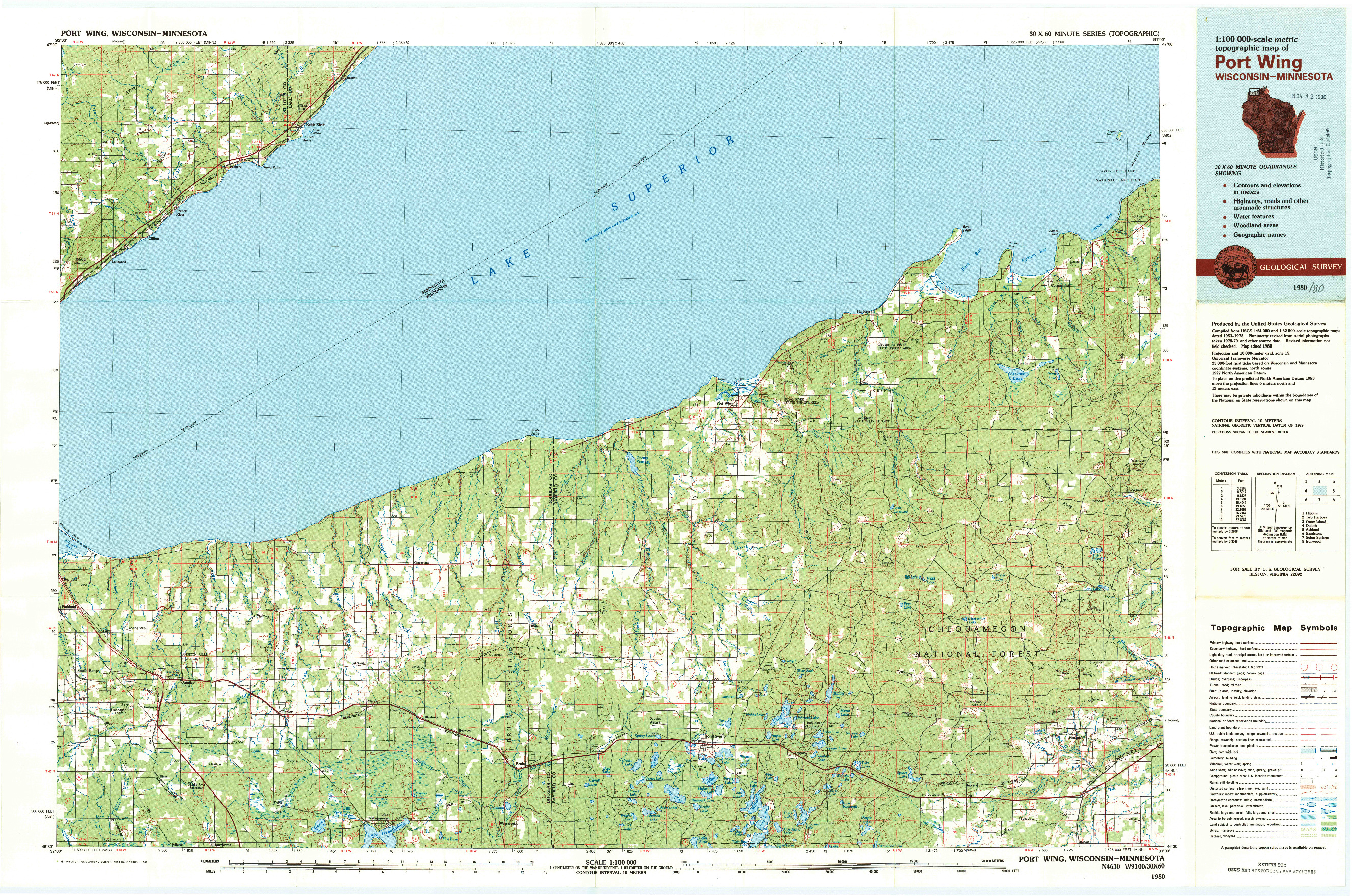 USGS 1:100000-SCALE QUADRANGLE FOR PORT WING, WI 1980