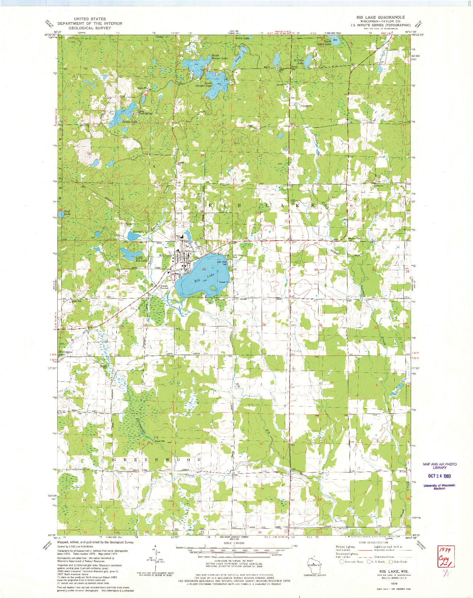 USGS 1:24000-SCALE QUADRANGLE FOR RIB LAKE, WI 1979