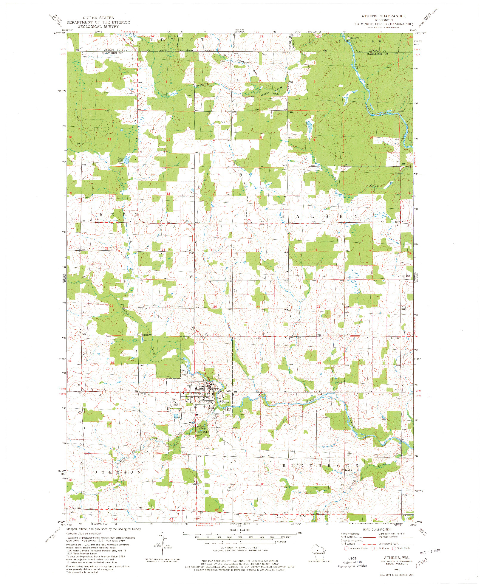 USGS 1:24000-SCALE QUADRANGLE FOR ATHENS, WI 1980