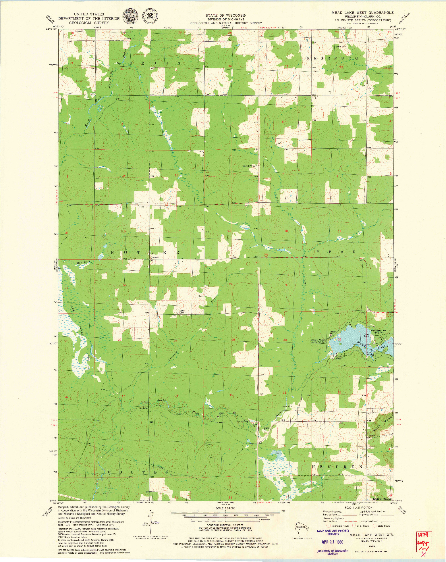 USGS 1:24000-SCALE QUADRANGLE FOR MEAD LAKE WEST, WI 1979