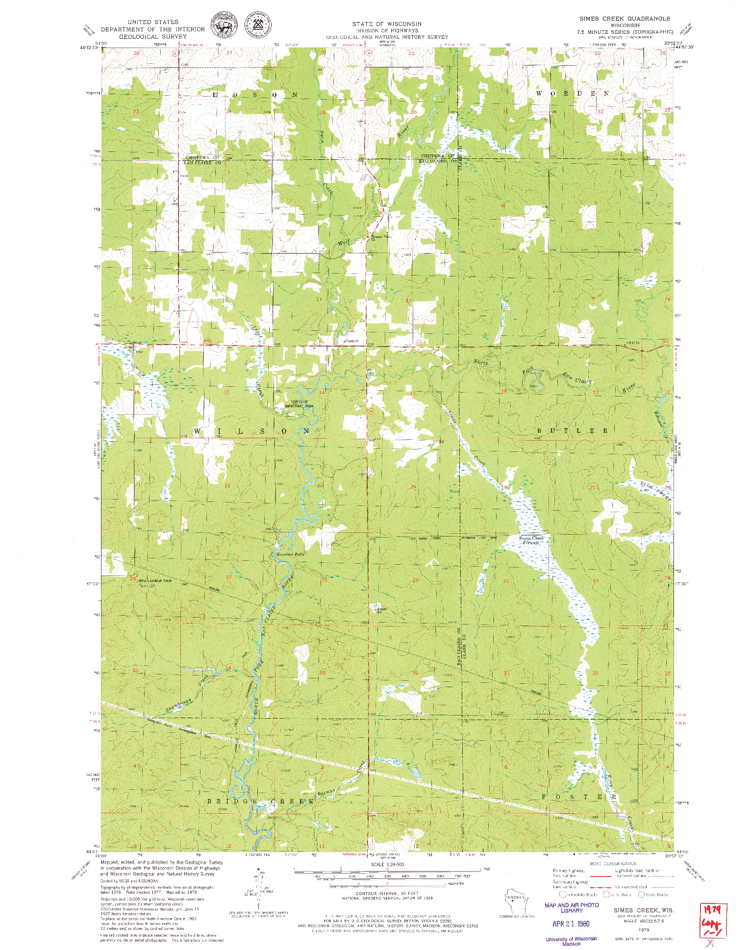 USGS 1:24000-SCALE QUADRANGLE FOR SIMES CREEK, WI 1979