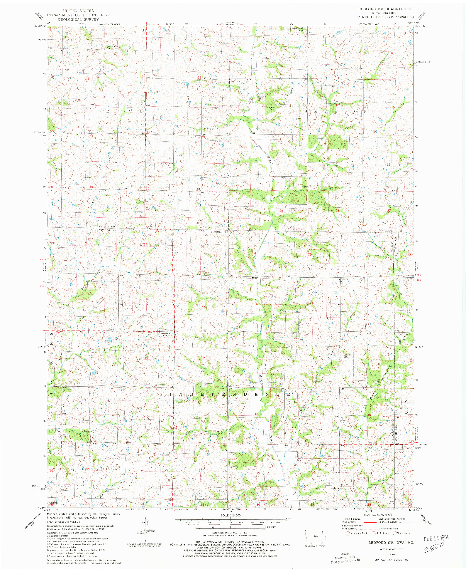 USGS 1:24000-SCALE QUADRANGLE FOR BEDFORD SW, IA 1980