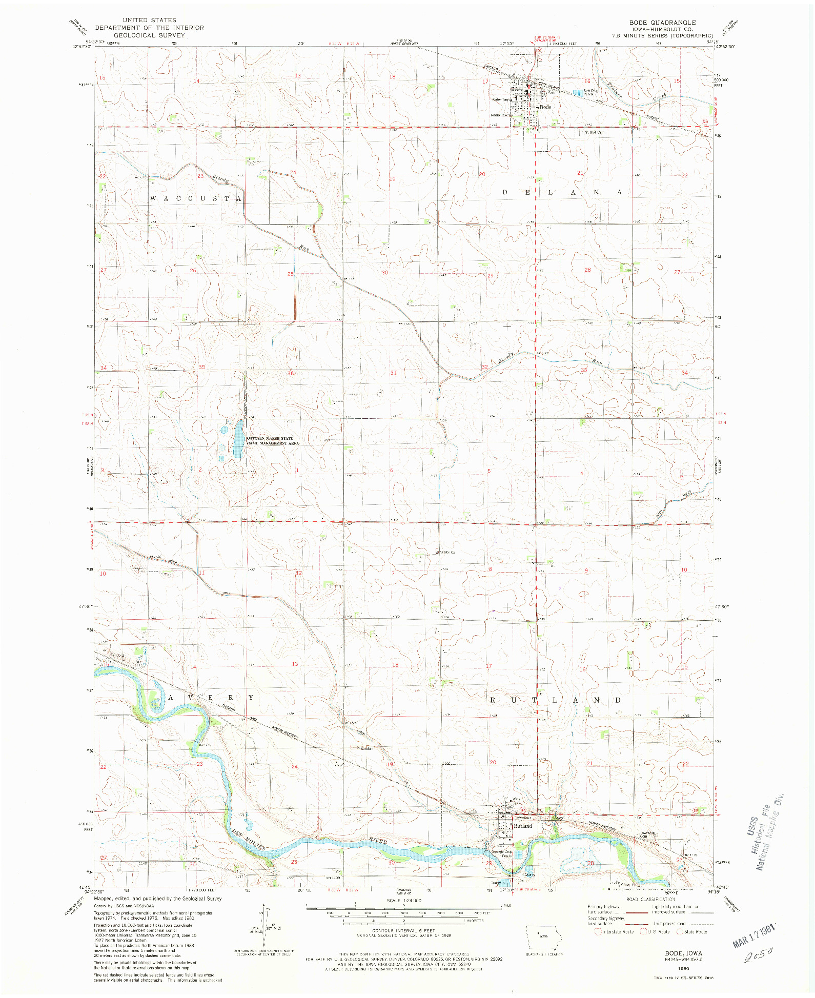 USGS 1:24000-SCALE QUADRANGLE FOR BODE, IA 1980