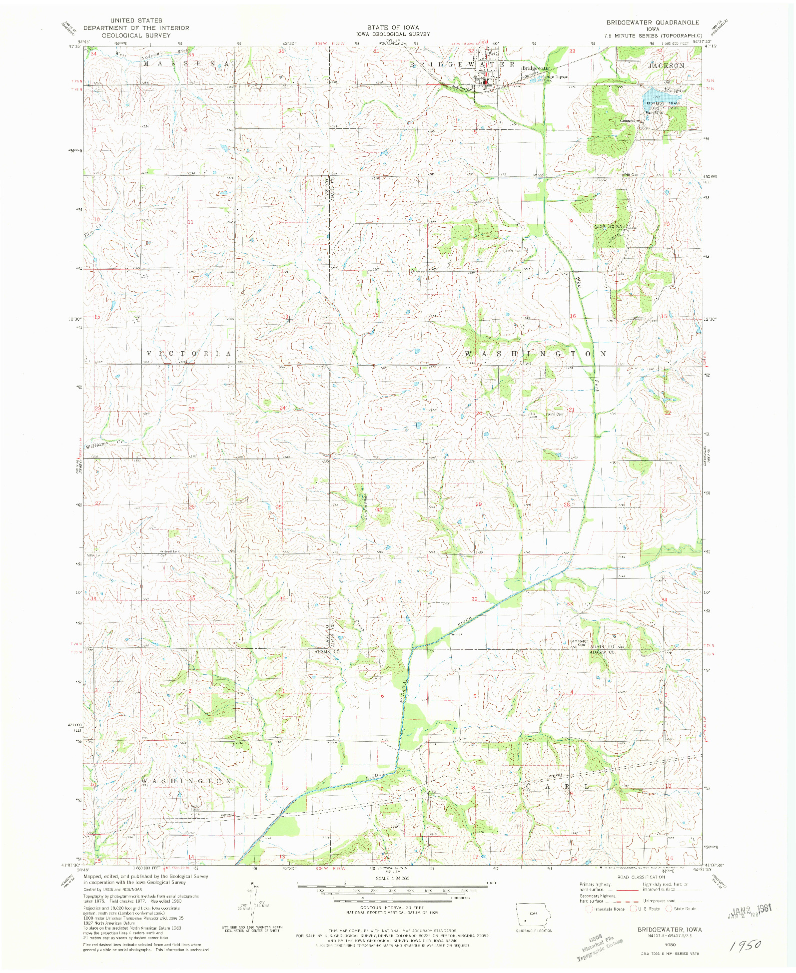 USGS 1:24000-SCALE QUADRANGLE FOR BRIDGEWATER, IA 1980