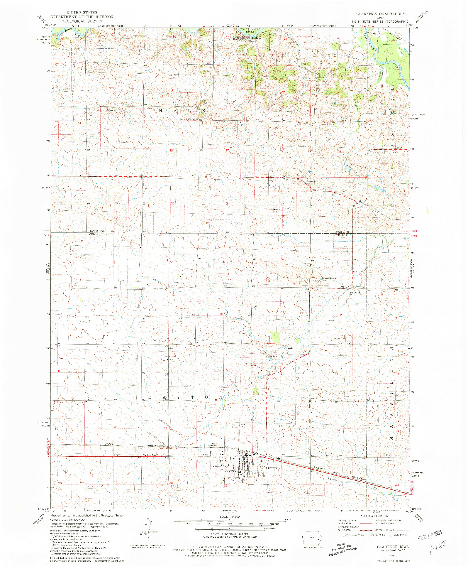 USGS 1:24000-SCALE QUADRANGLE FOR CLARENCE, IA 1980