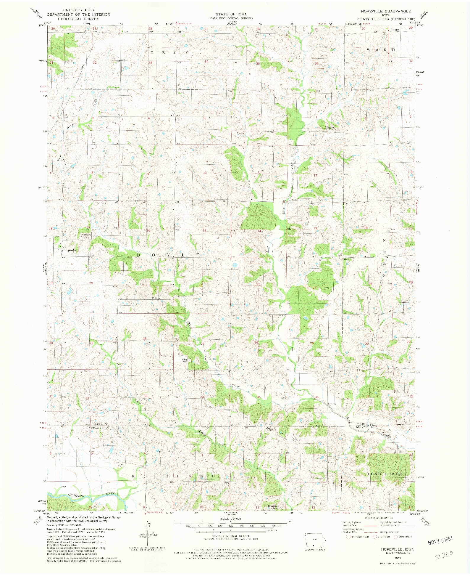 USGS 1:24000-SCALE QUADRANGLE FOR HOPEVILLE, IA 1981