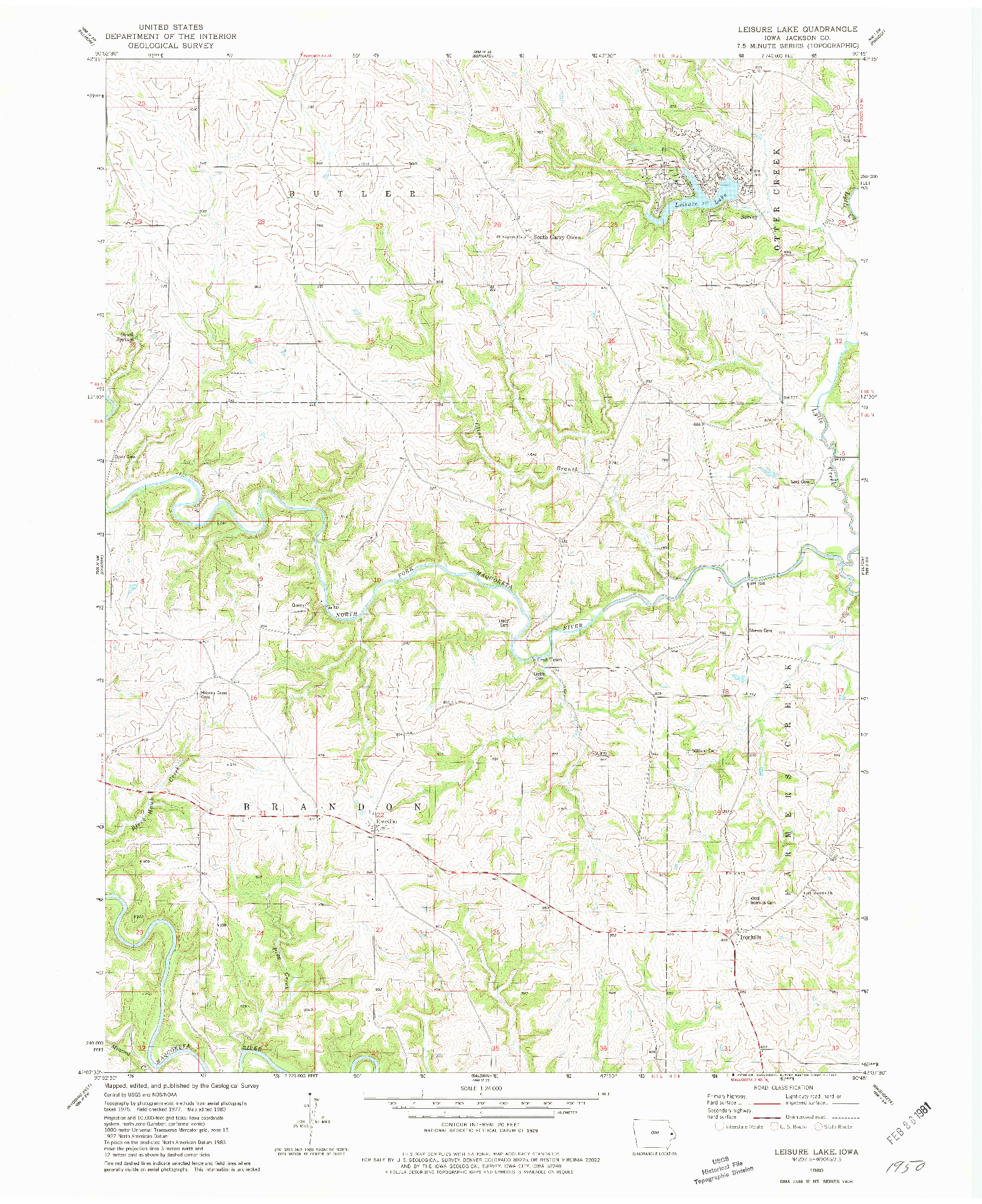 USGS 1:24000-SCALE QUADRANGLE FOR LEISURE LAKE, IA 1980