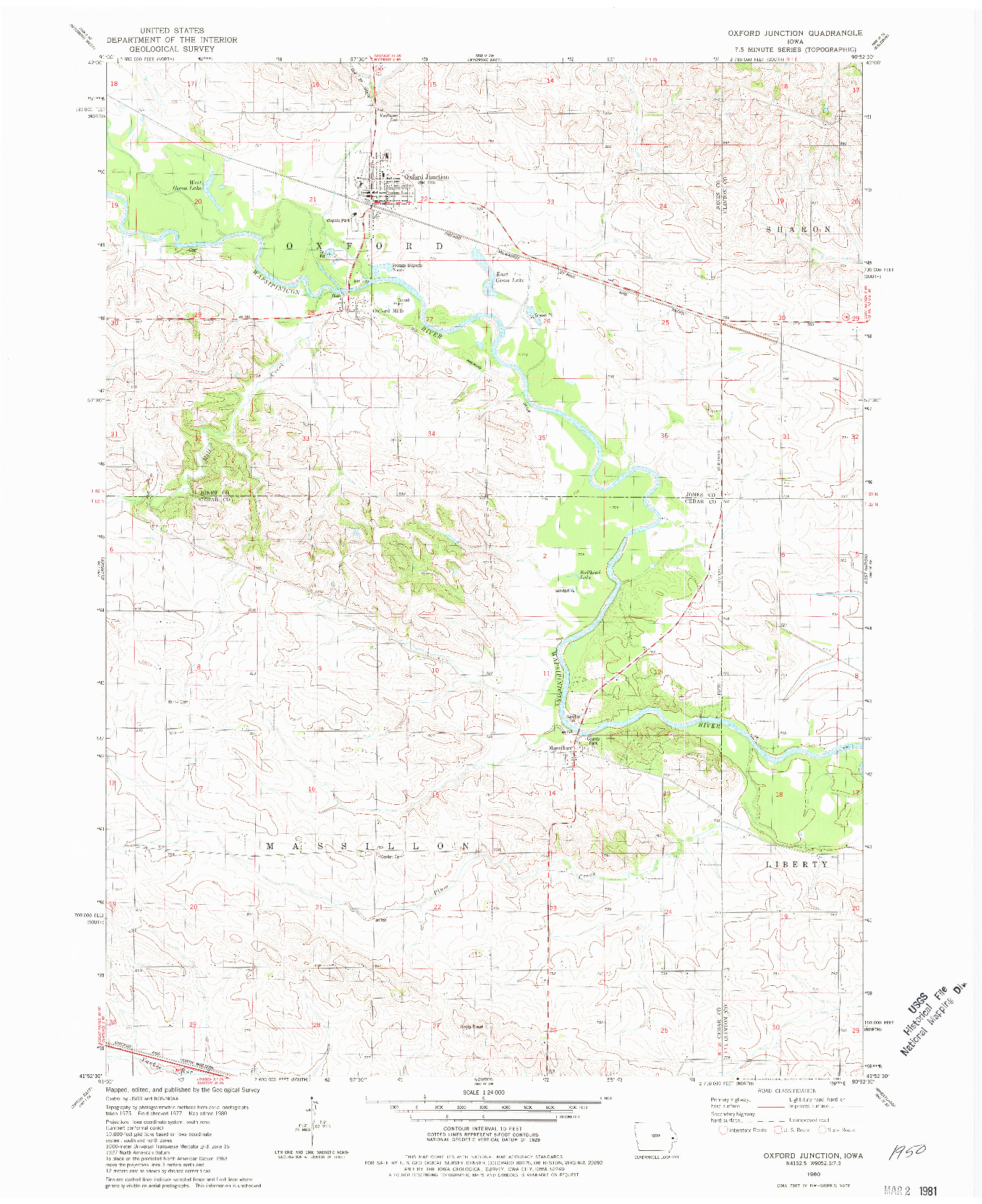 USGS 1:24000-SCALE QUADRANGLE FOR OXFORD JUNCTION, IA 1980