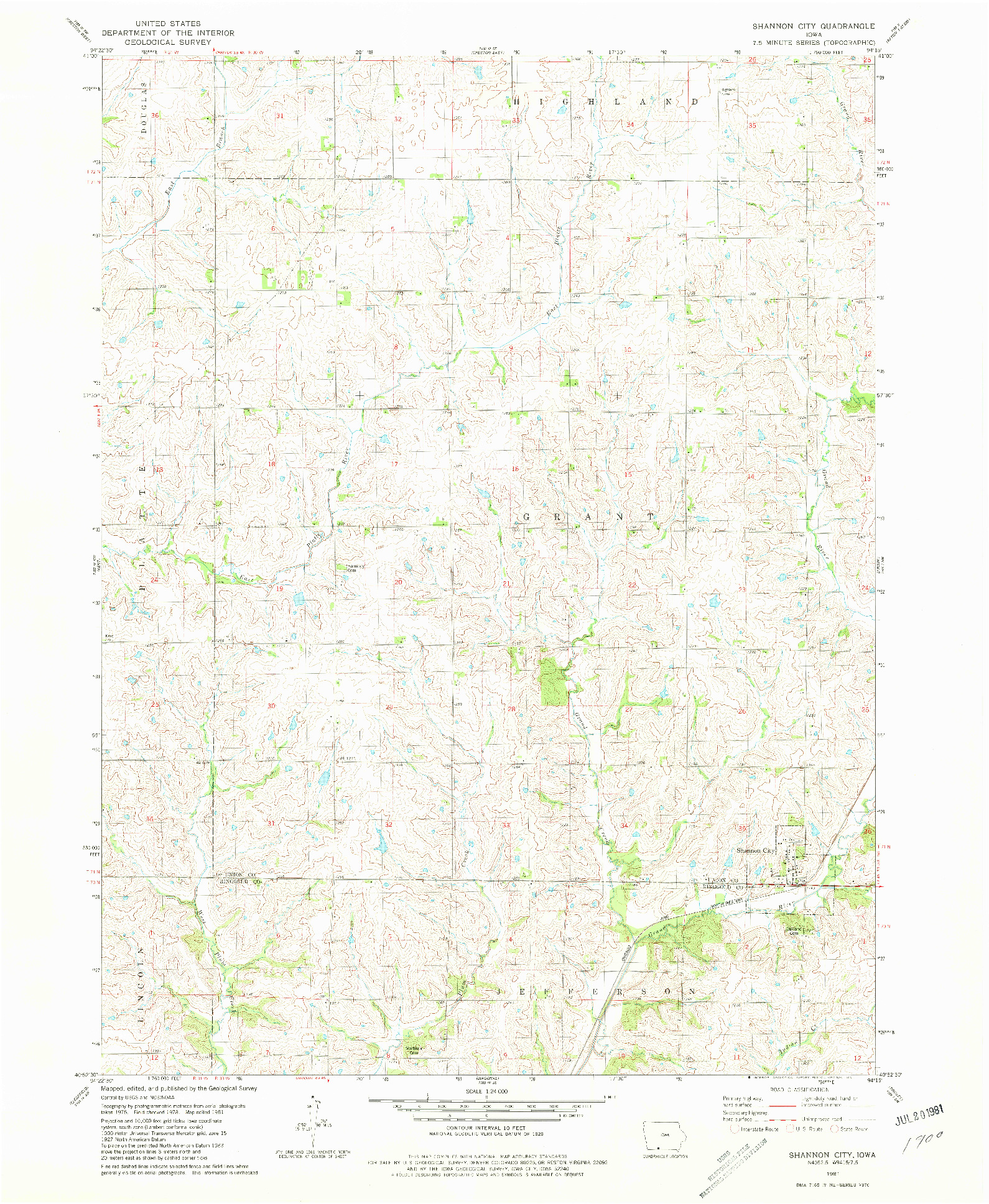 USGS 1:24000-SCALE QUADRANGLE FOR SHANNON CITY, IA 1981