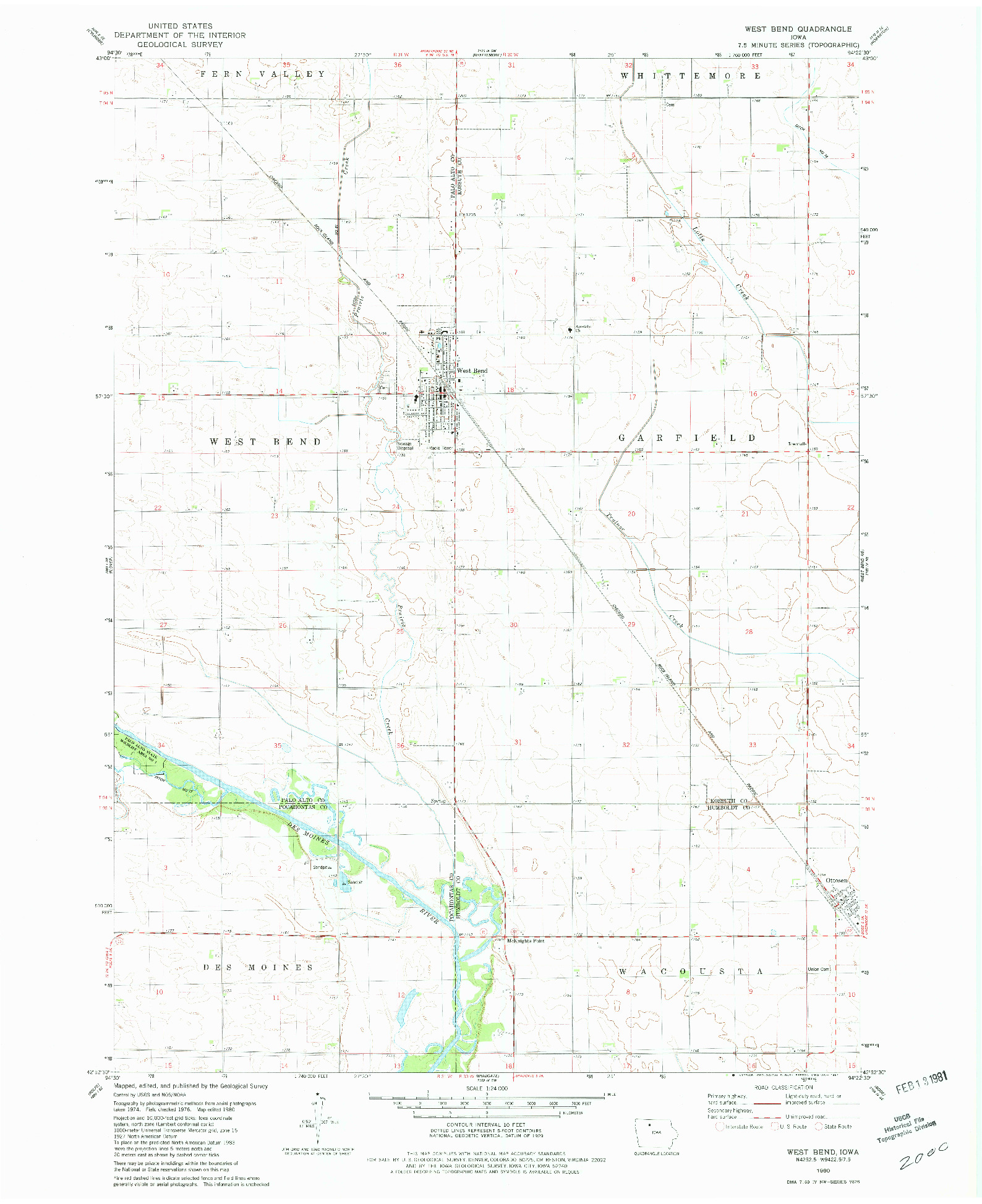 USGS 1:24000-SCALE QUADRANGLE FOR WEST BEND, IA 1980