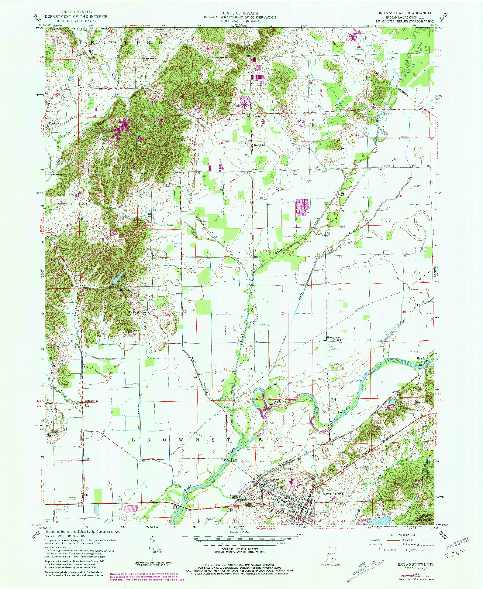 USGS 1:24000-SCALE QUADRANGLE FOR BROWNSTOWN, IN 1958