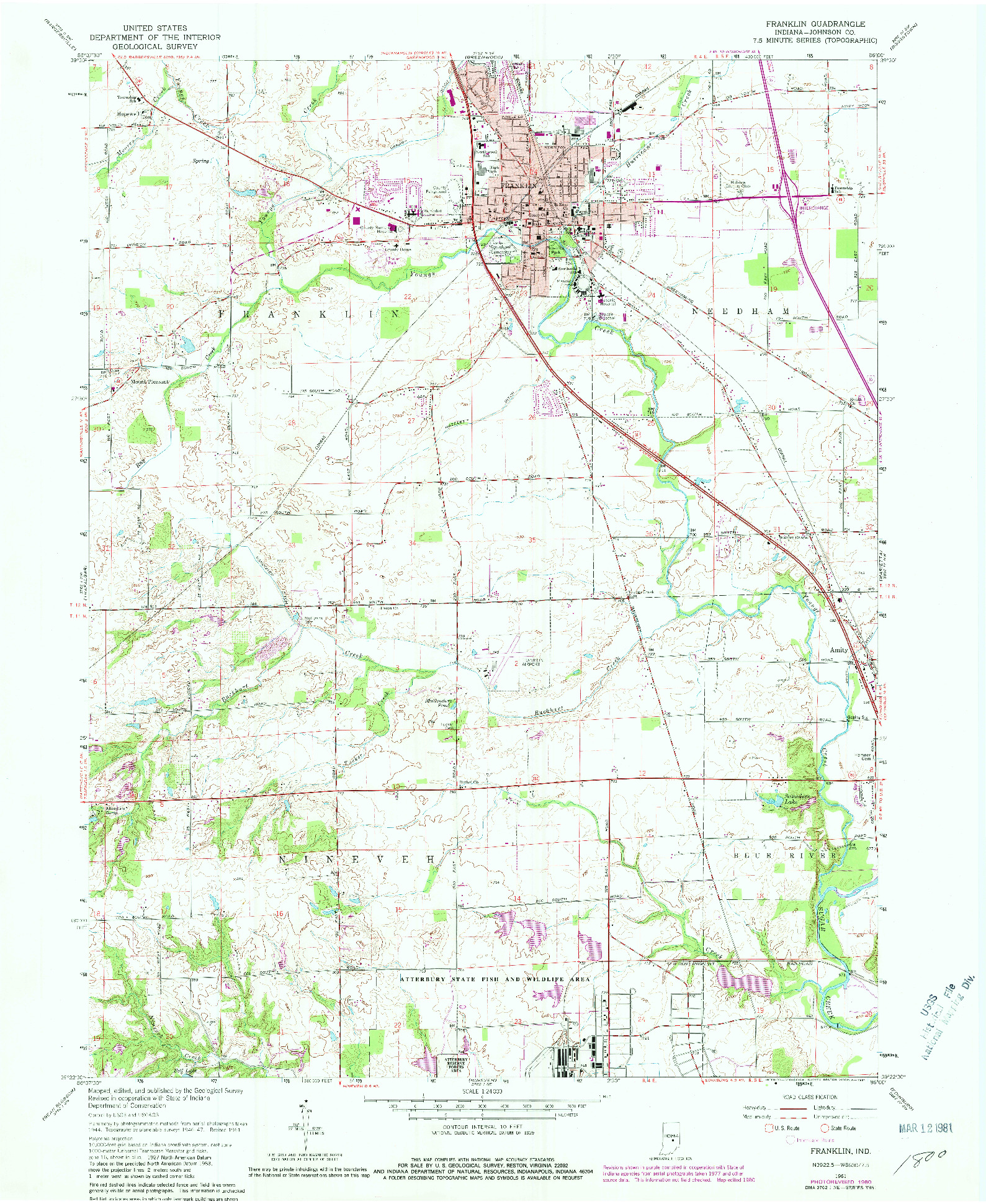 USGS 1:24000-SCALE QUADRANGLE FOR FRANKLIN, IN 1961