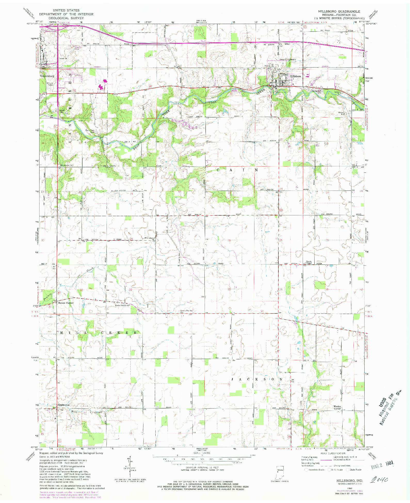 USGS 1:24000-SCALE QUADRANGLE FOR HILLSBORO, IN 1962