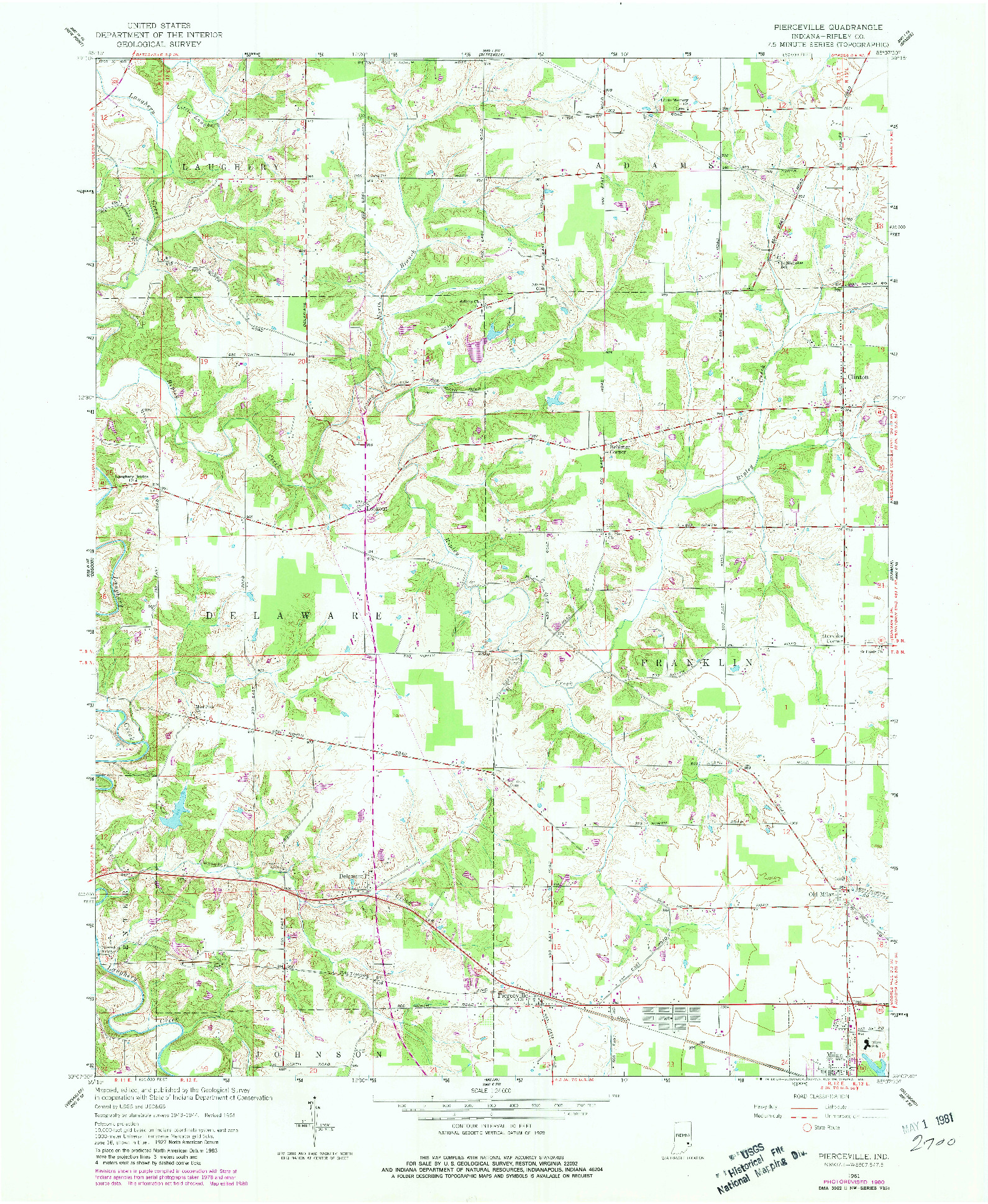 USGS 1:24000-SCALE QUADRANGLE FOR PIERCEVILLE, IN 1961