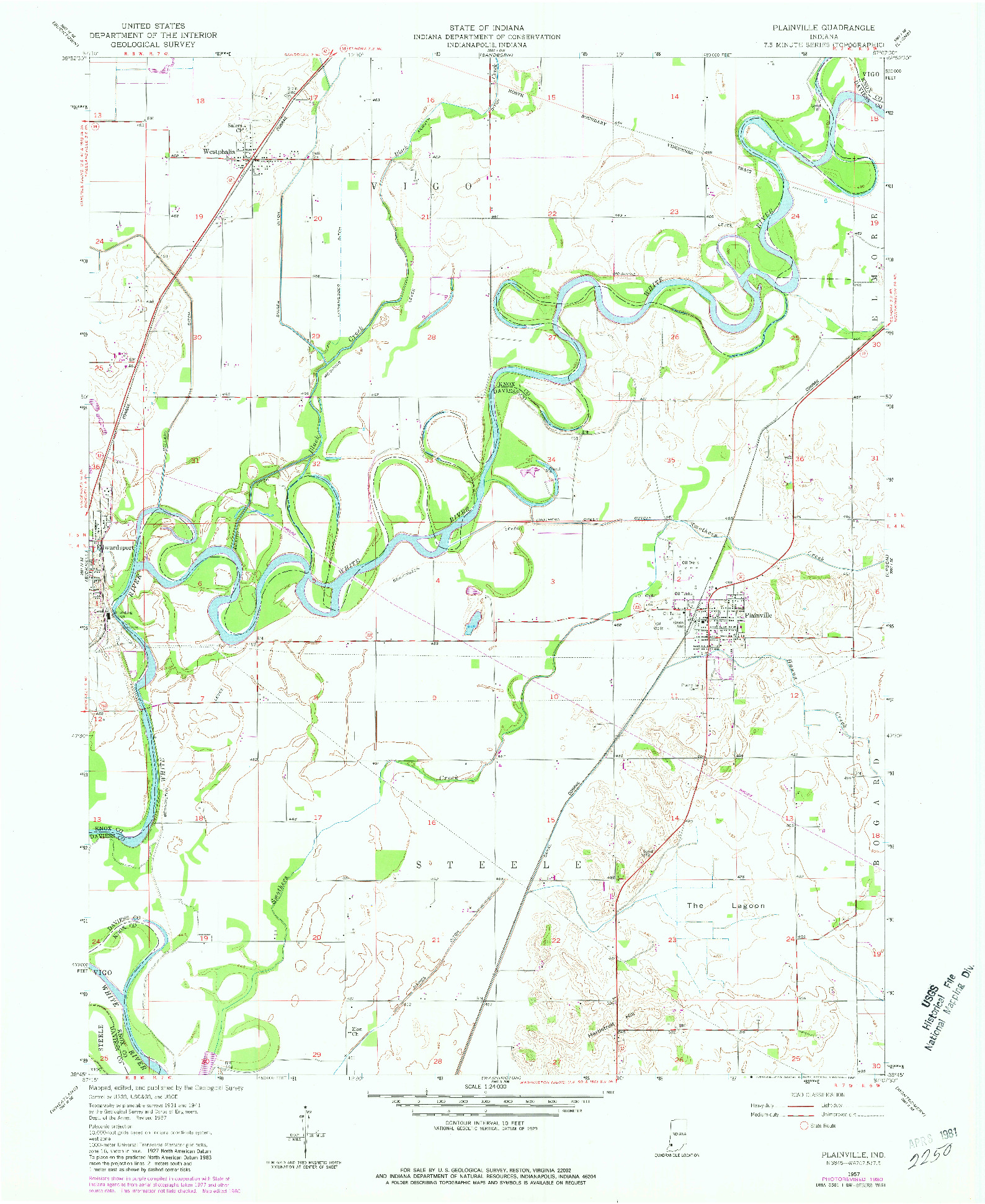 USGS 1:24000-SCALE QUADRANGLE FOR PLAINVILLE, IN 1957