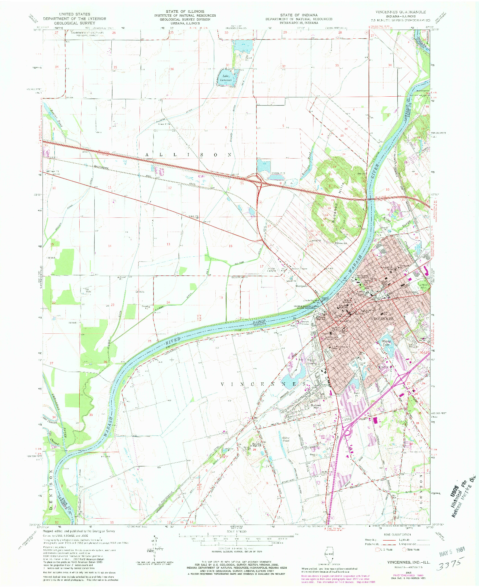 USGS 1:24000-SCALE QUADRANGLE FOR VINCENNES, IN 1965