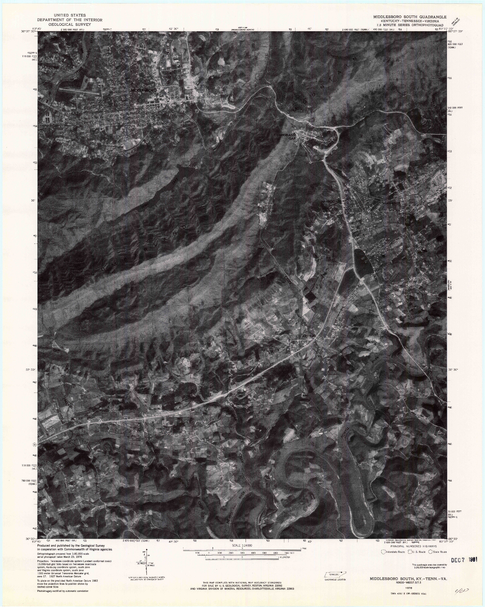 USGS 1:24000-SCALE QUADRANGLE FOR MIDDLESBORO SOUTH, KY 1976