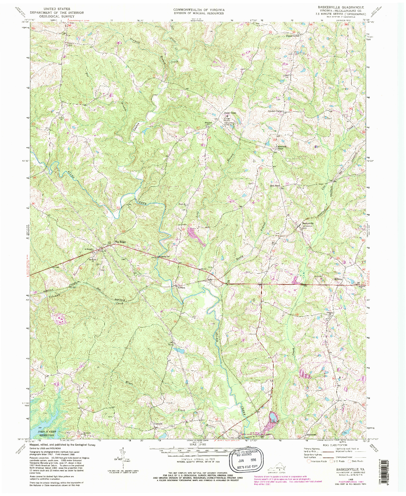 USGS 1:24000-SCALE QUADRANGLE FOR BASKERVILLE, VA 1968