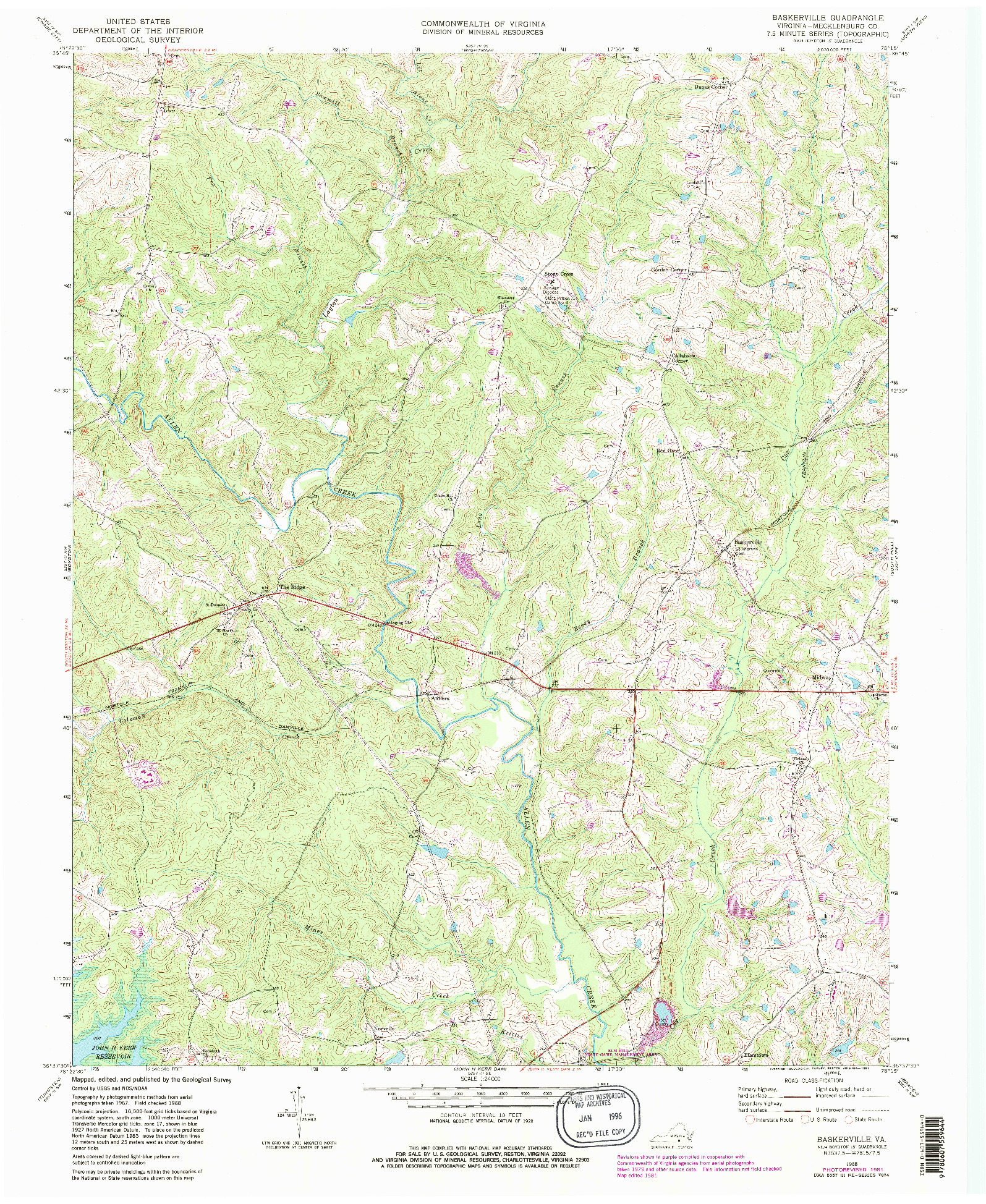 USGS 1:24000-SCALE QUADRANGLE FOR BASKERVILLE, VA 1968