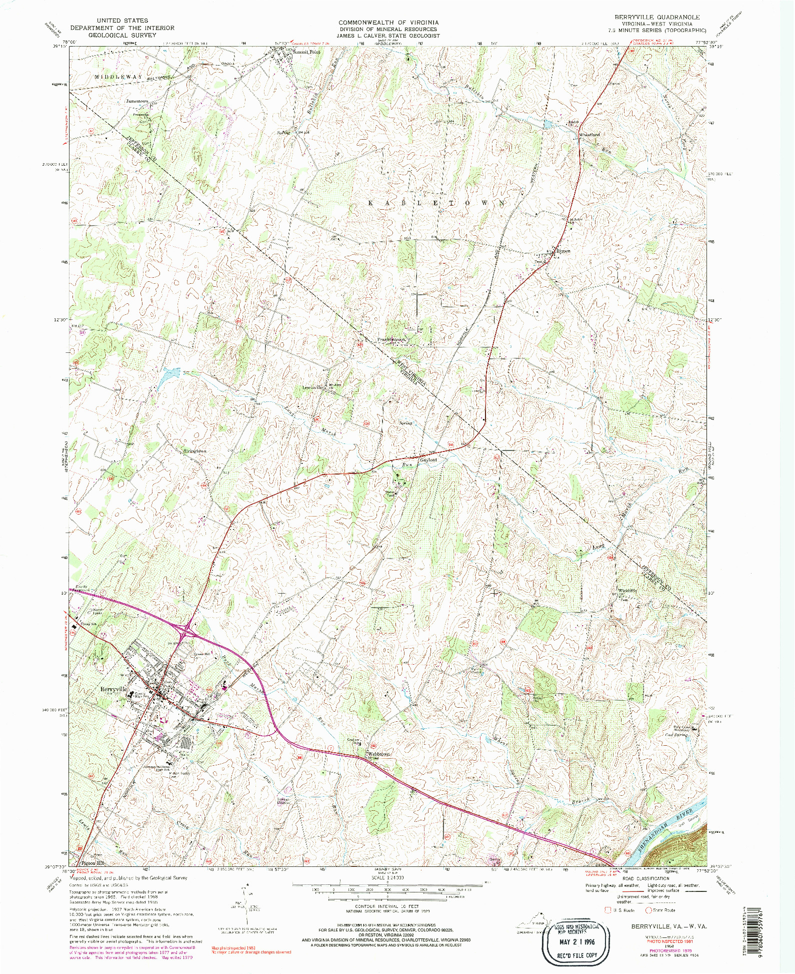 USGS 1:24000-SCALE QUADRANGLE FOR BERRYVILLE, VA 1968