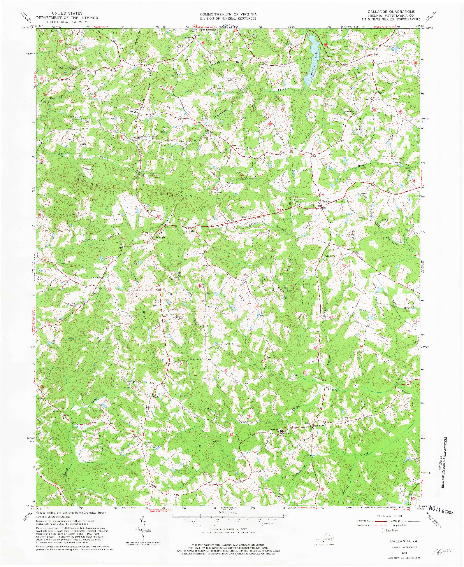 USGS 1:24000-SCALE QUADRANGLE FOR CALLANDS, VA 1965