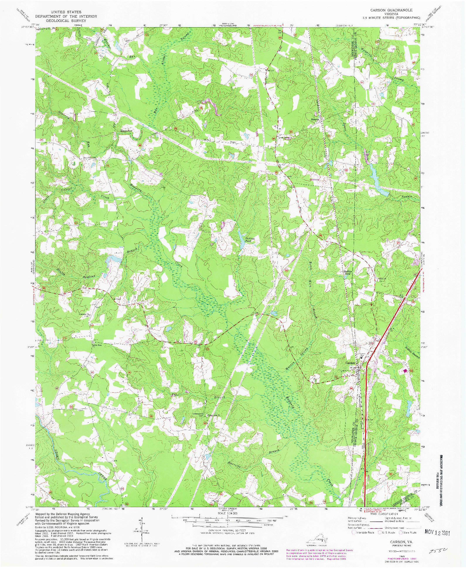 USGS 1:24000-SCALE QUADRANGLE FOR CARSON, VA 1969