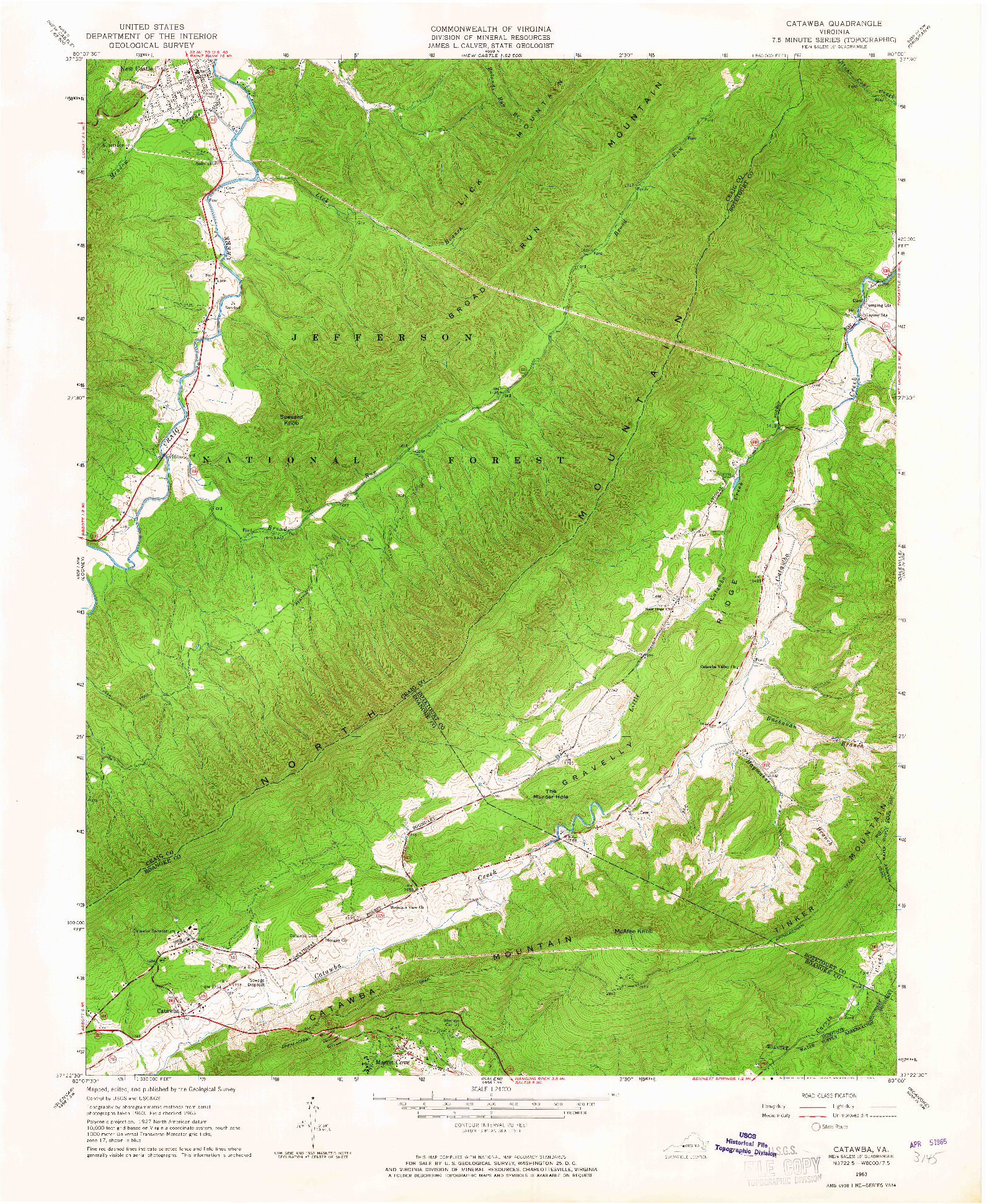 USGS 1:24000-SCALE QUADRANGLE FOR CATAWBA, VA 1963