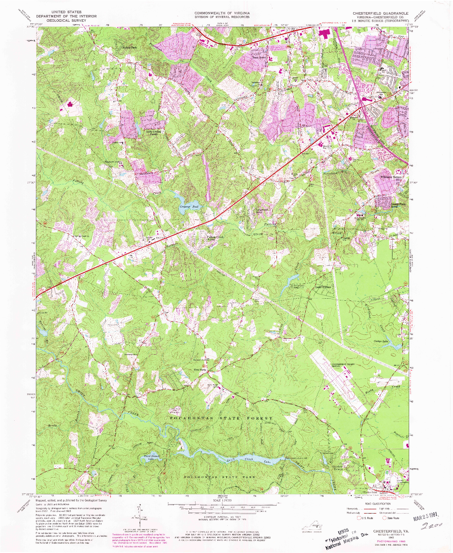 USGS 1:24000-SCALE QUADRANGLE FOR CHESTERFIELD, VA 1963