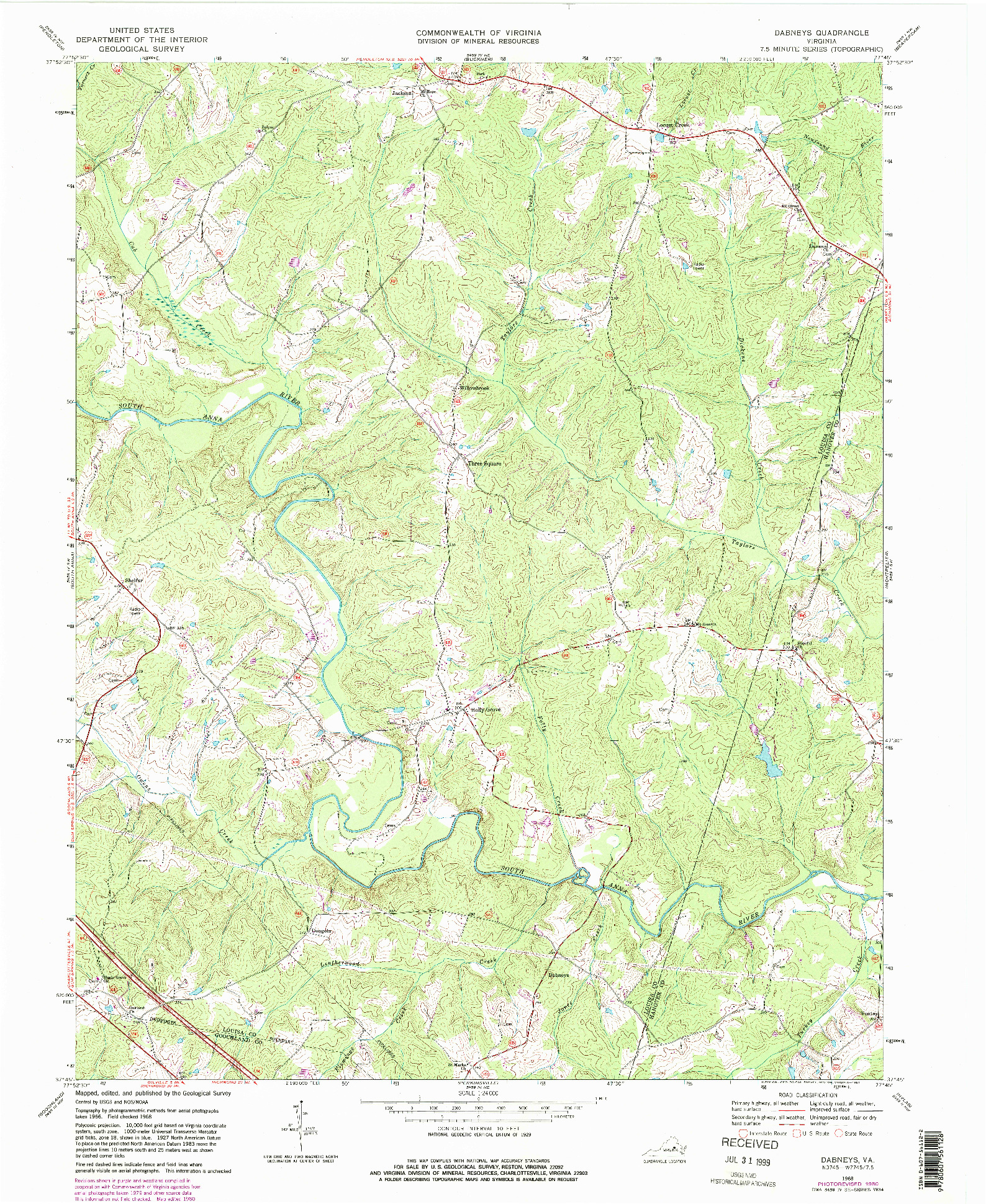 USGS 1:24000-SCALE QUADRANGLE FOR DABNEYS, VA 1968