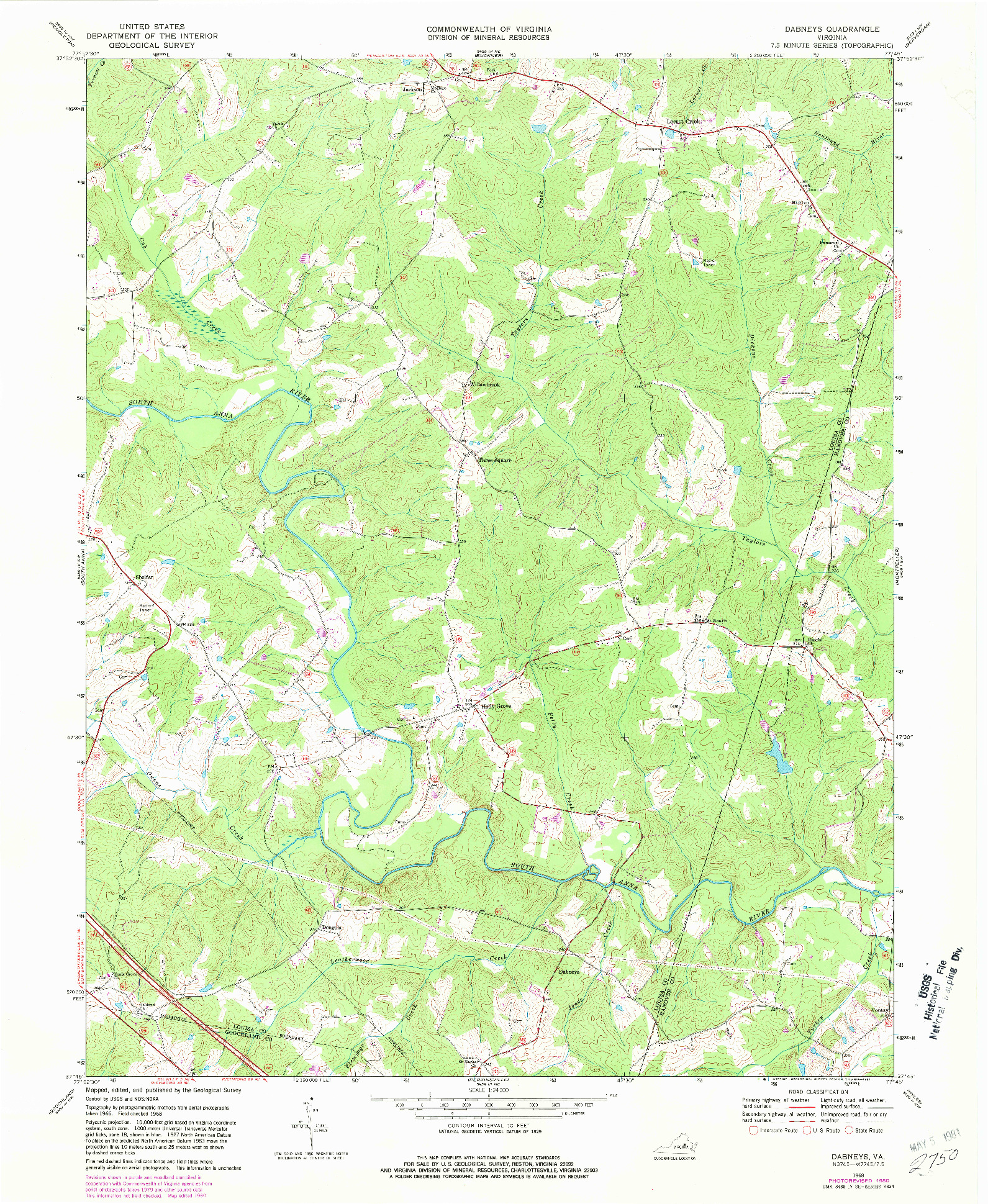 USGS 1:24000-SCALE QUADRANGLE FOR DABNEYS, VA 1968