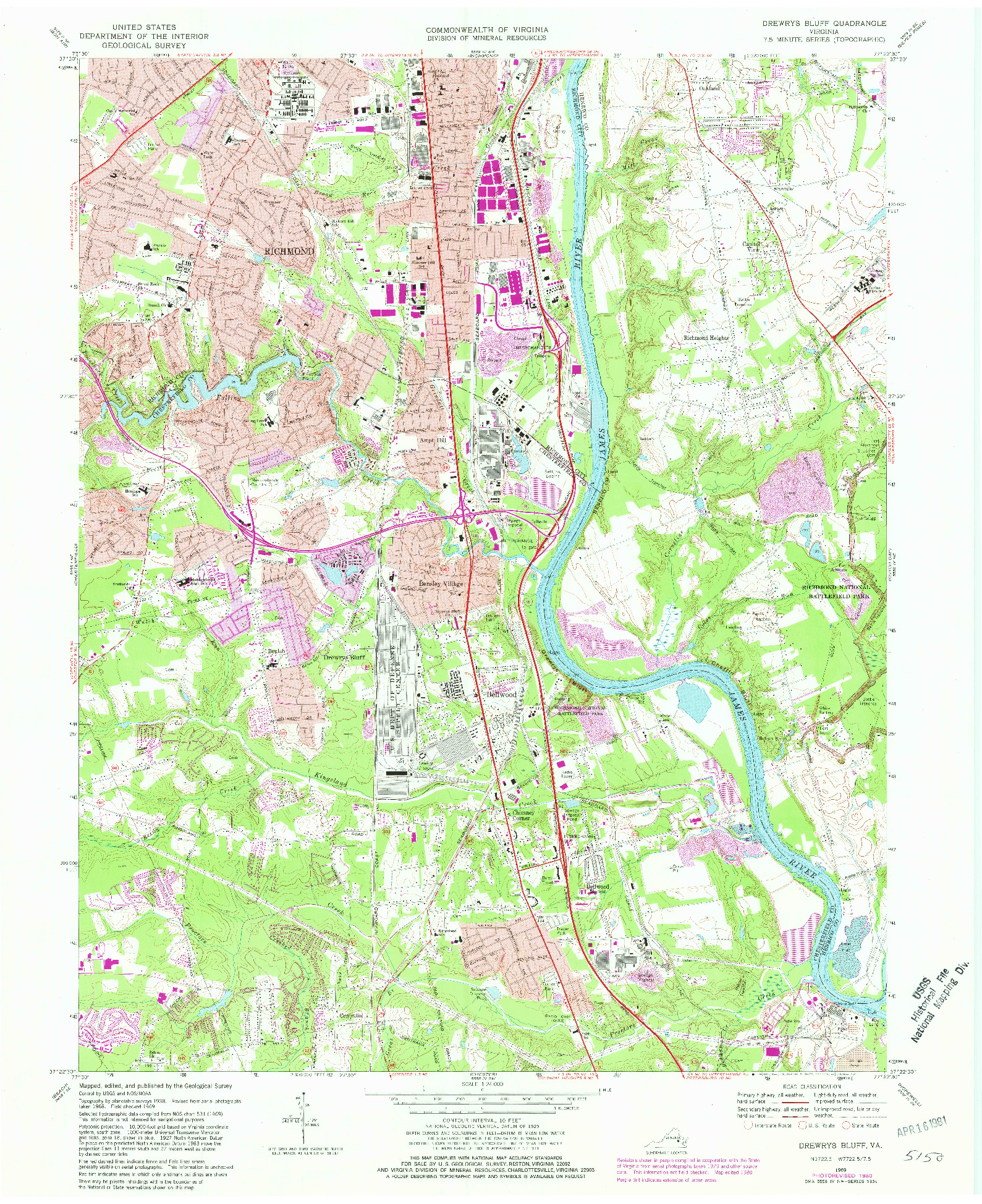 USGS 1:24000-SCALE QUADRANGLE FOR DREWRYS BLUFF, VA 1969