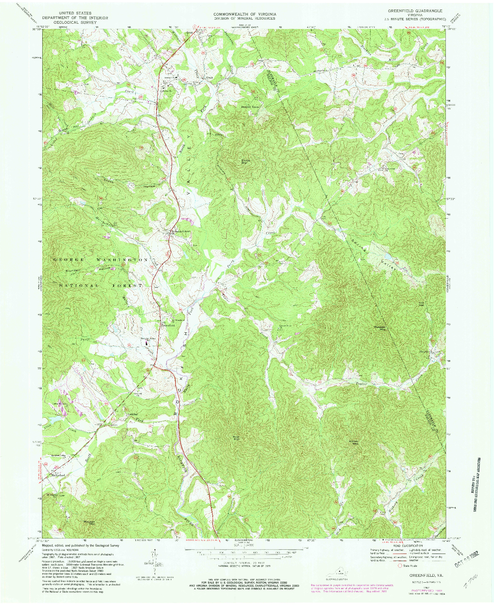 USGS 1:24000-SCALE QUADRANGLE FOR GREENFIELD, VA 1967